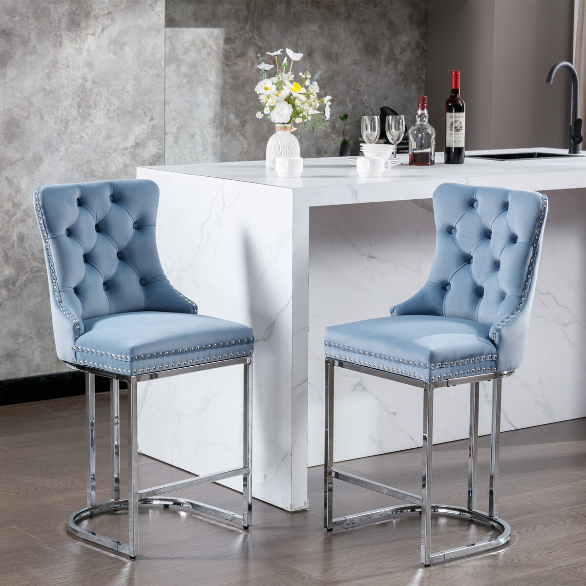 Modern Velvet Barstools  26" Counter Height Bar Stools (Set of 2) - Light Blue