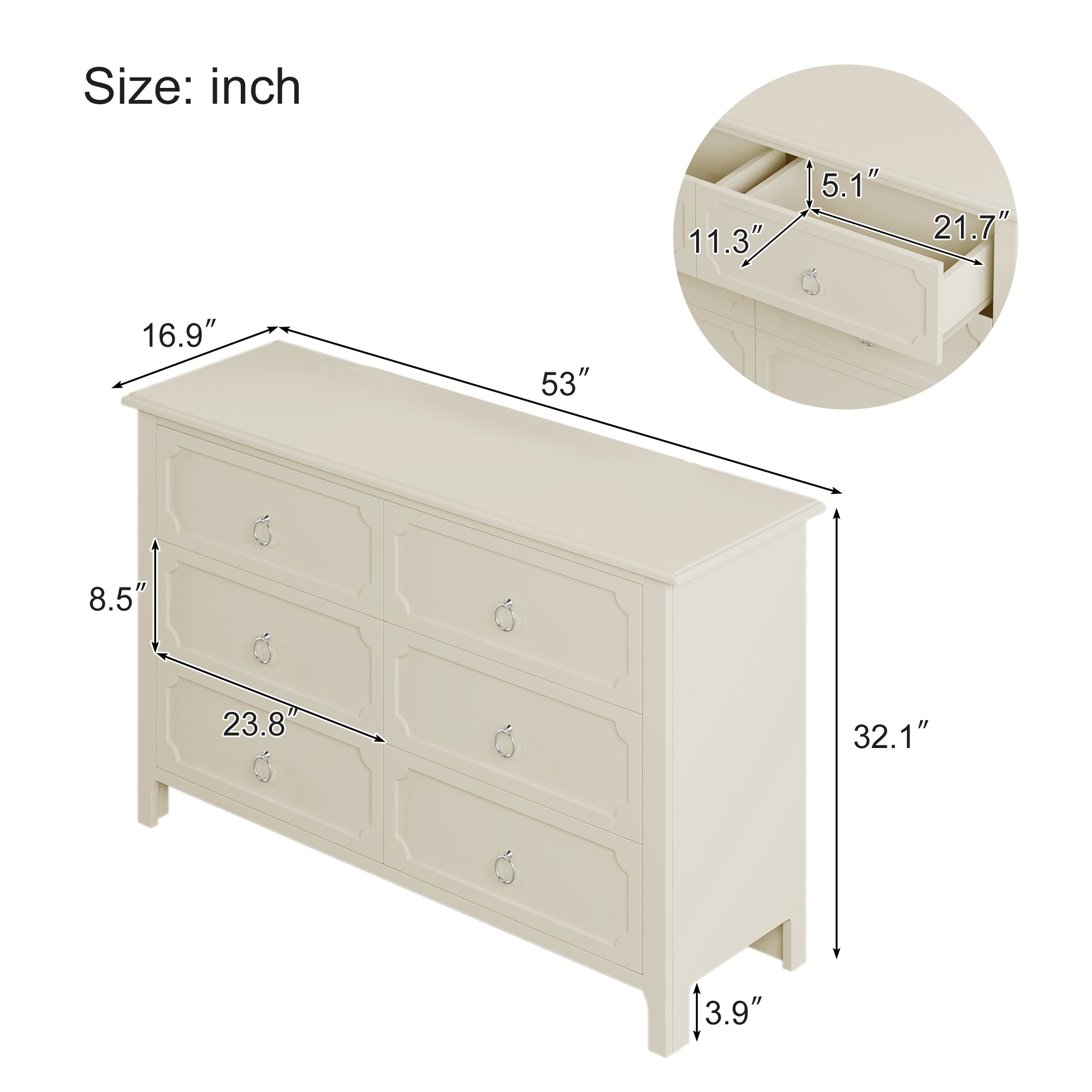 Milky Rubber Wooden Dresser 6 Large Drawers Silver Metal Handles - White