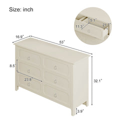 Milky Rubber Wooden Dresser 6 Large Drawers Silver Metal Handles - White