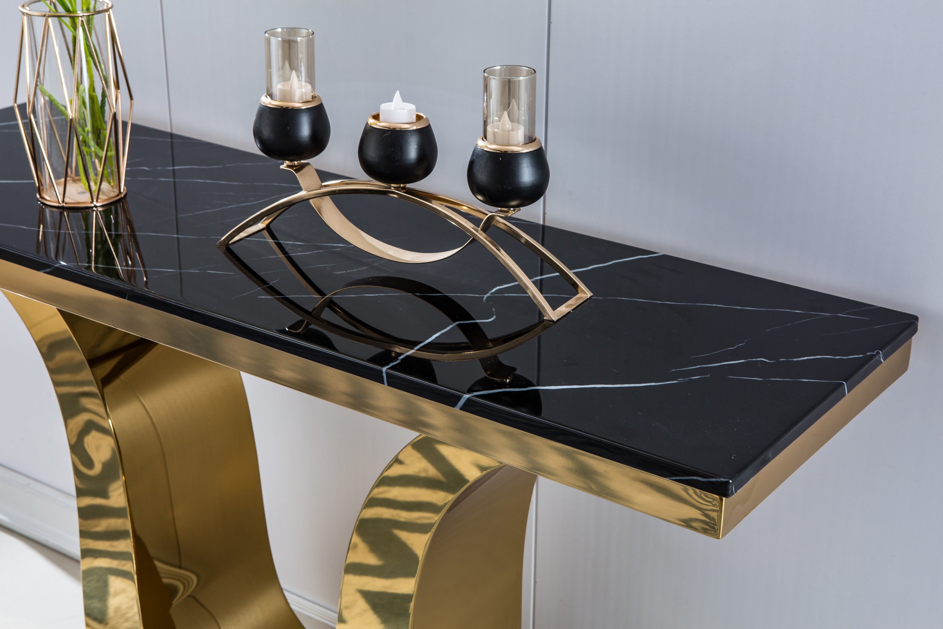 Modern Marble Console Table, 0.71" Thick Marble Top, U Shape Stainless Steel Base with Gold Finish