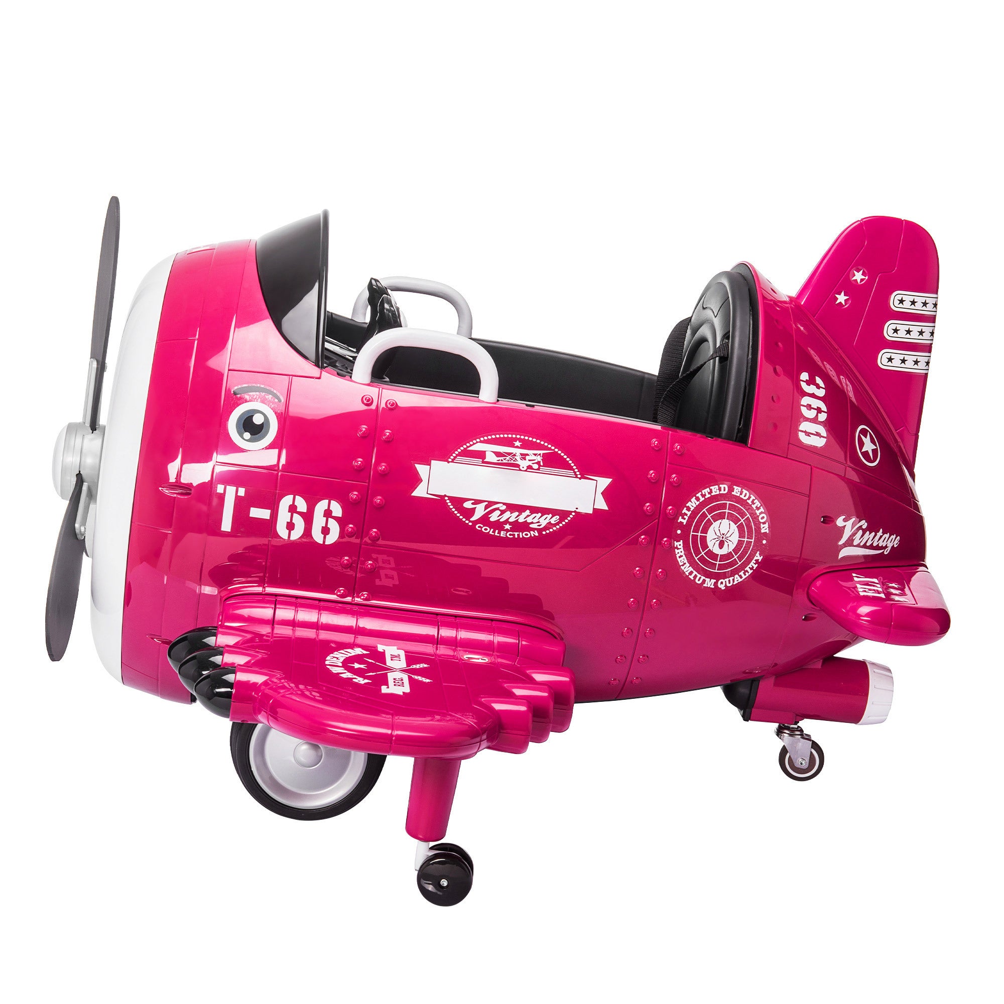 12V Electric Kids Ride on Toy Plane with USB, FM, 360-Degree Rotating by 2 Joysticks, Remote Control for Kids 3 to 6 - Rose Red