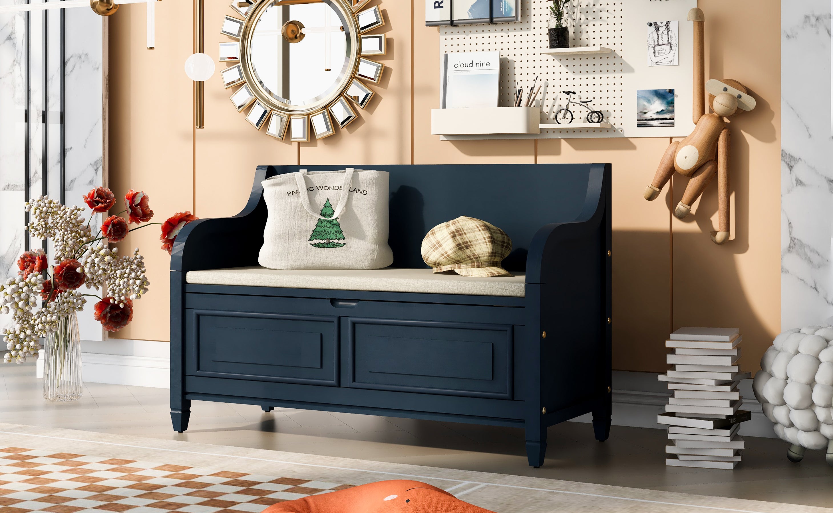 Rustic Style Solid Wood Entryway Storage Bench with Safety Hinge - Antique Navy + Beige