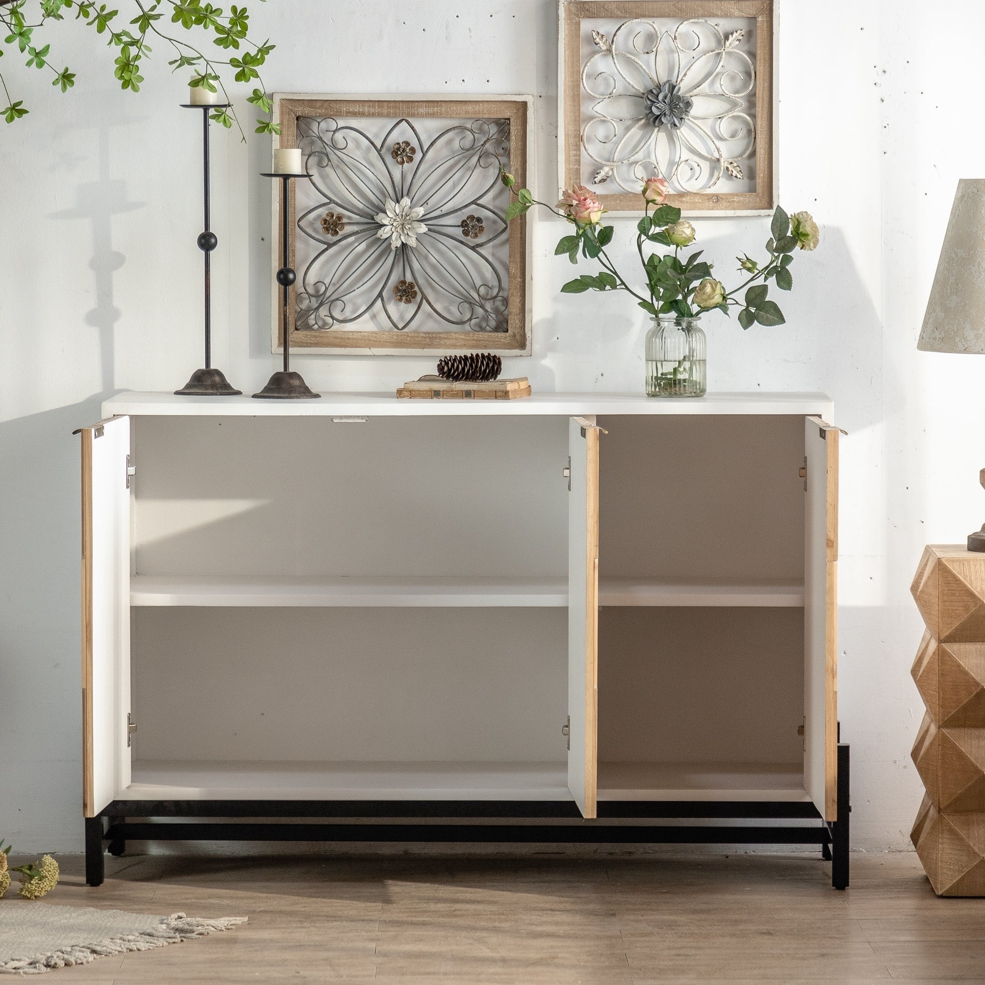 Retro Fashion Style 3-Door Storage Cabinet with Vertical Grain Embossed Design and Double Layer Storage Space - White + Oak
