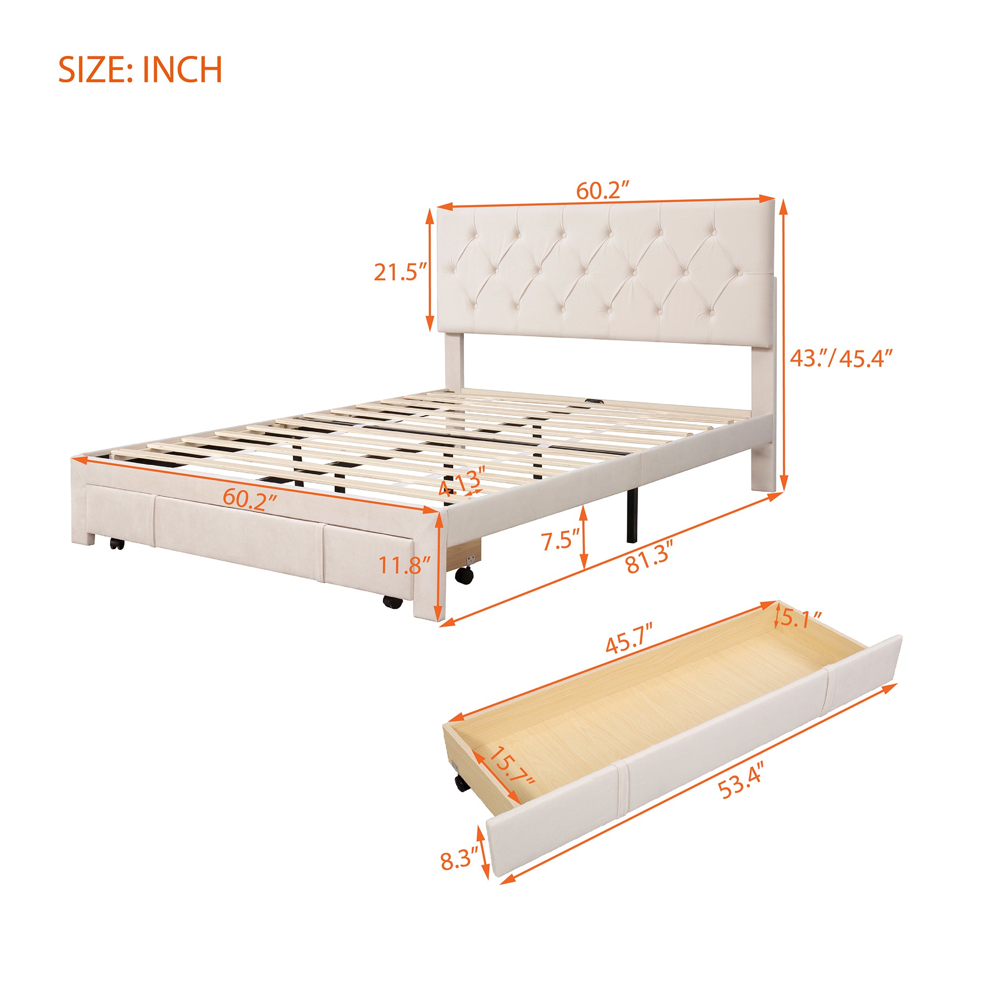 Queen Size Storage Bed Velvet Upholstered Platformwith a Big Drawer - Beige