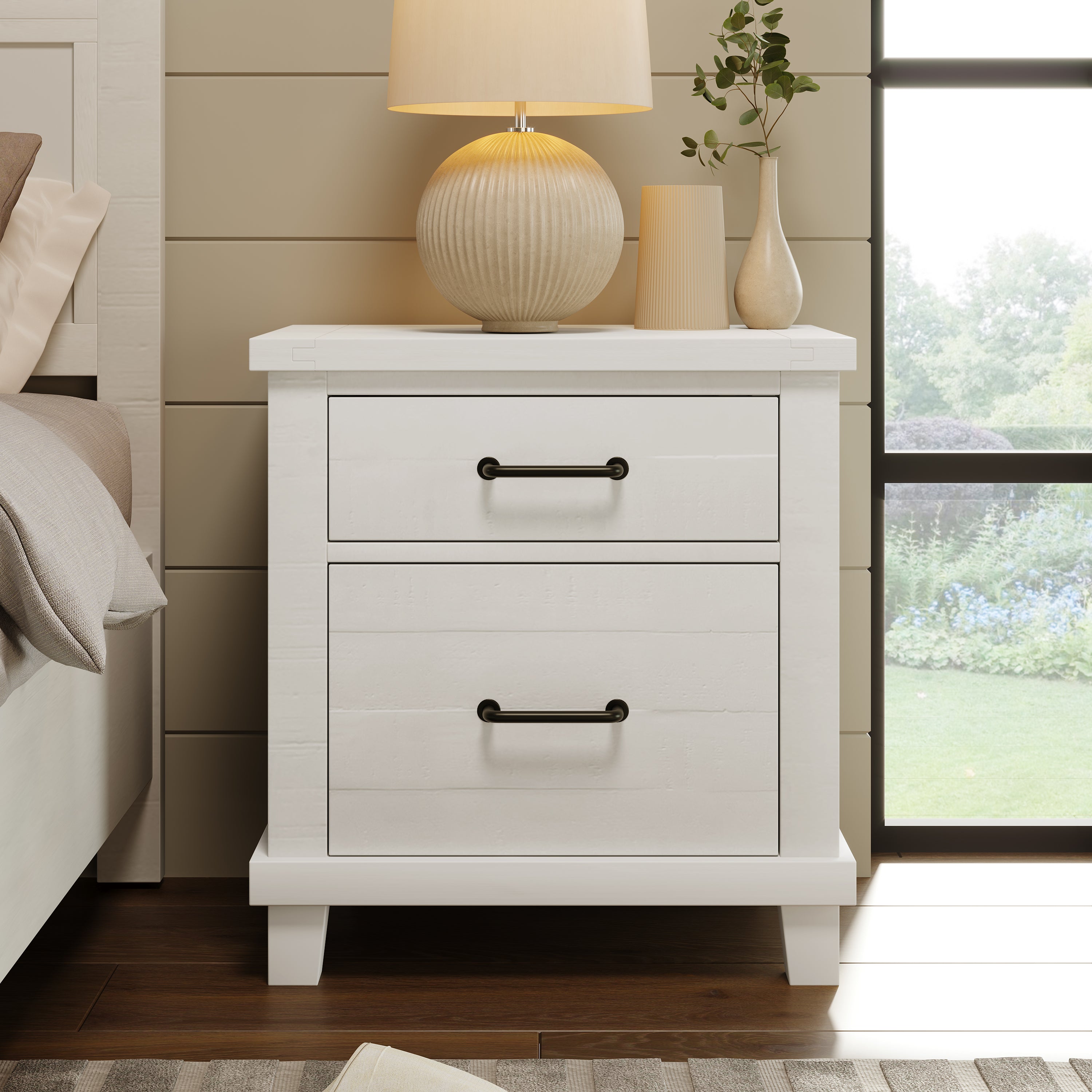 Rustic Farmhouse Style Solid Pine Wood Two-Drawer Nightstand - White