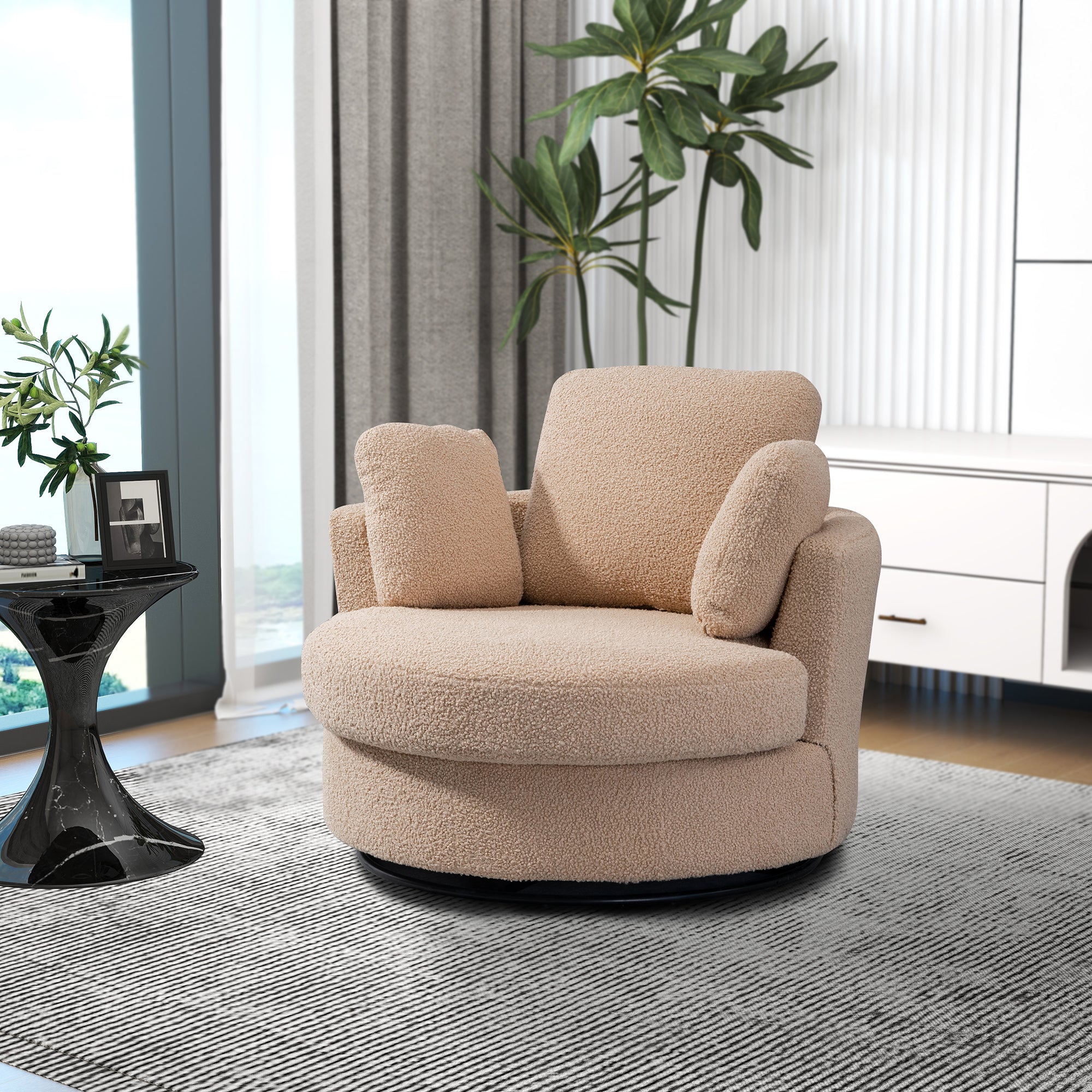 42.2" Cozy Club Chair, Swivel Barrel Chair With 3 Pillows, Swivel Round Sofa Modern Arm Chair - Light Camel