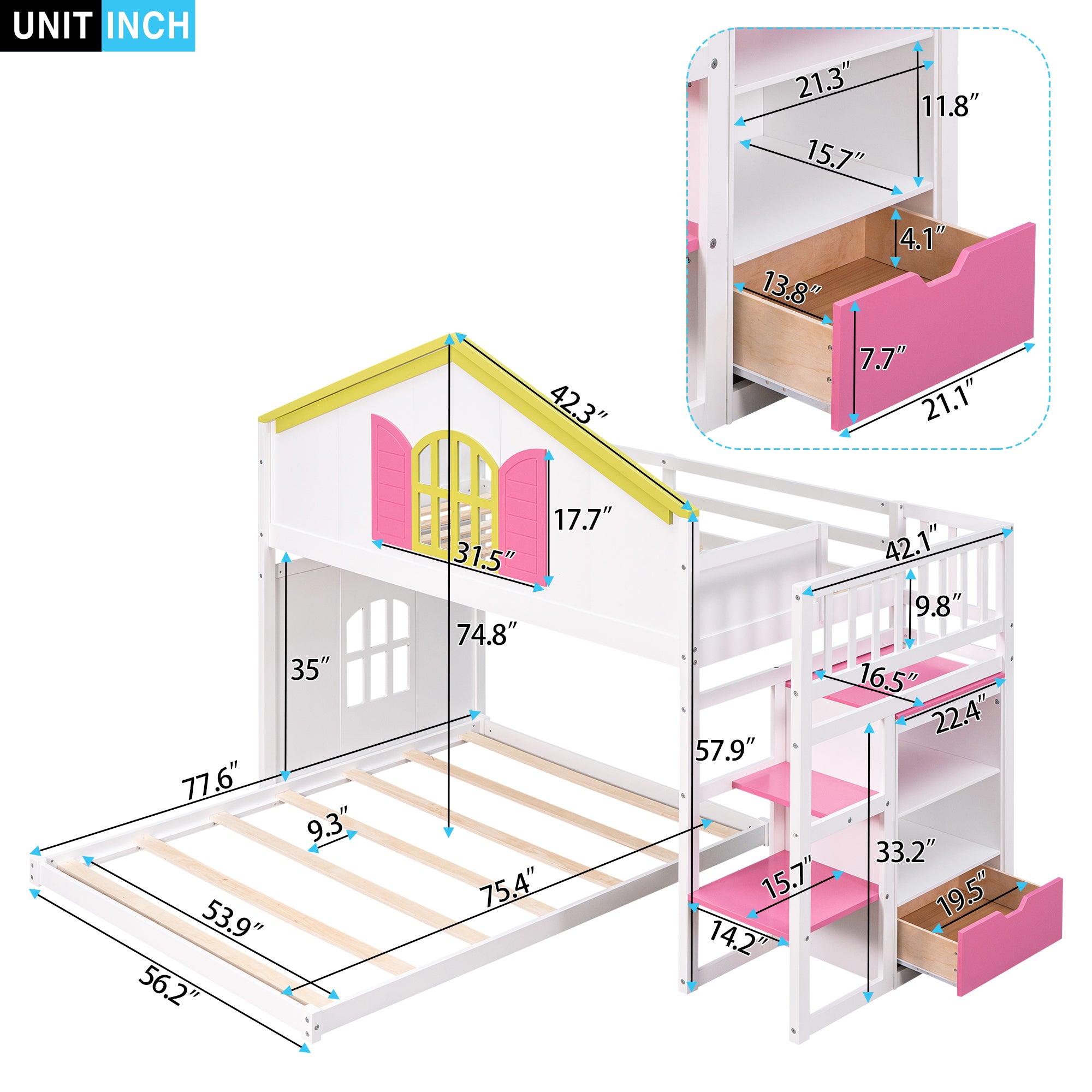 Twin over Full House Bunk Bed with Pink Staircase & Drawer - White