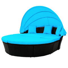 Outdoor rattan daybed sunbed with Retractable Canopy Wicker Furniture, Round Outdoor Sectional Sofa Set, Black Wicker Furniture Clamshell  Seating with Washable Cushions - Blue