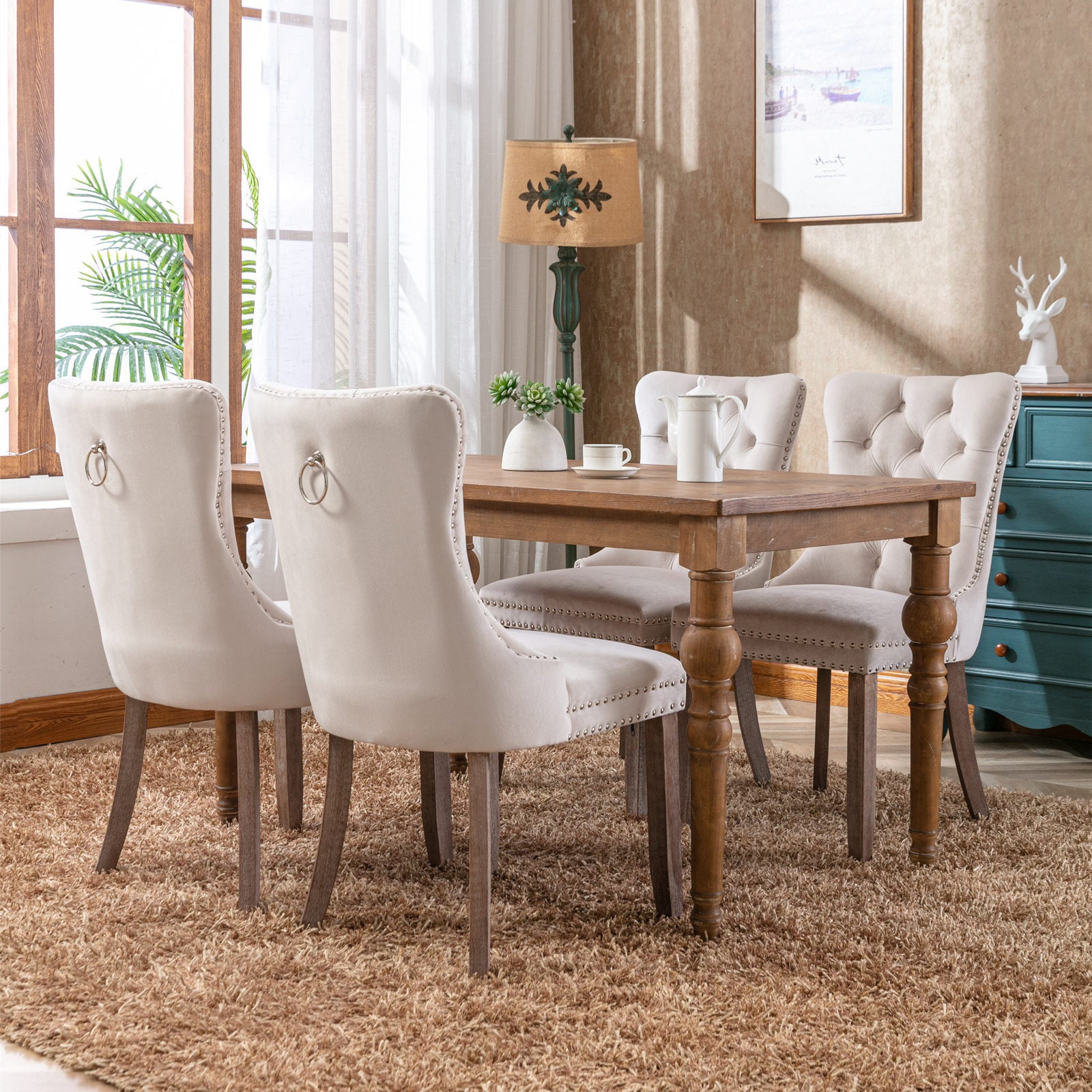 Modern High-end Tufted Velvet Upholstered Dining Chair with Wood Legs Nailhead Trim (Set of 2) -Beige