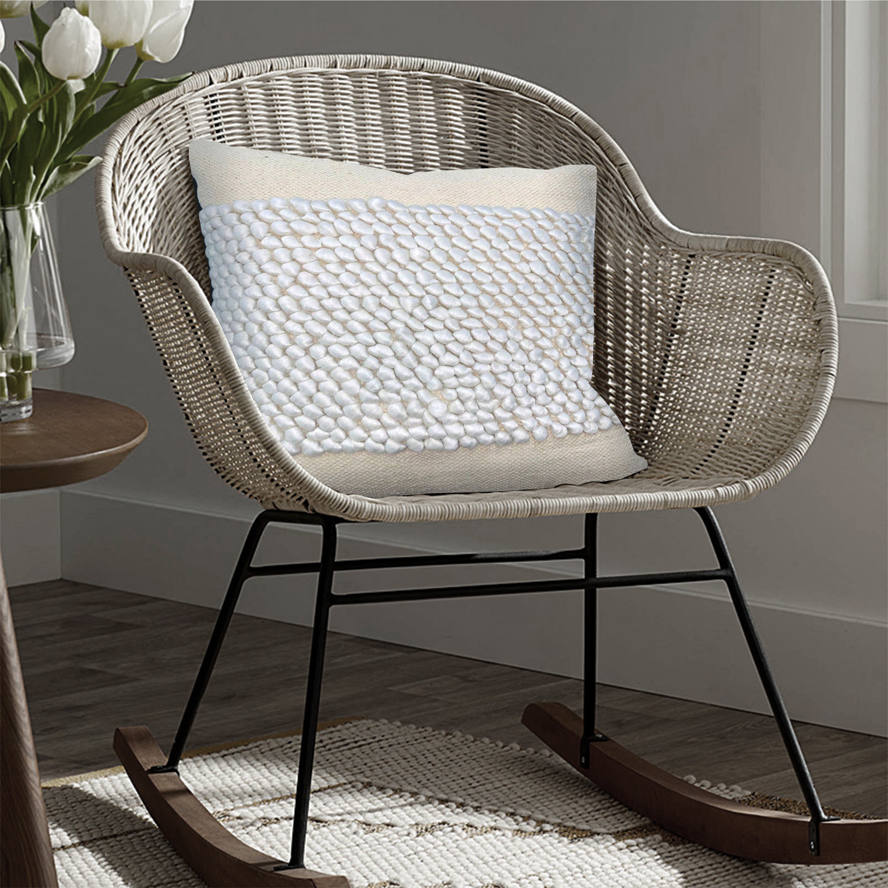 20x20" Square Cotton Accent Throw Pillow, Soft Banded Braided Patchwork - White, Cream