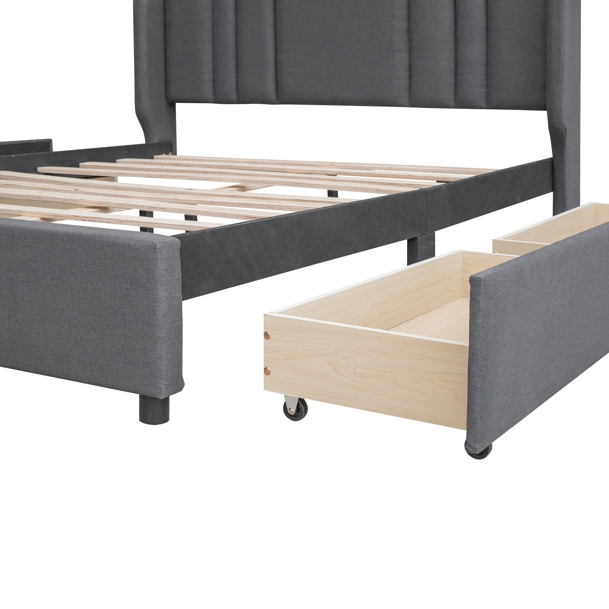 Queen Bed Upholstered Platform with Wingback Headboard and 4 Drawers - Grey