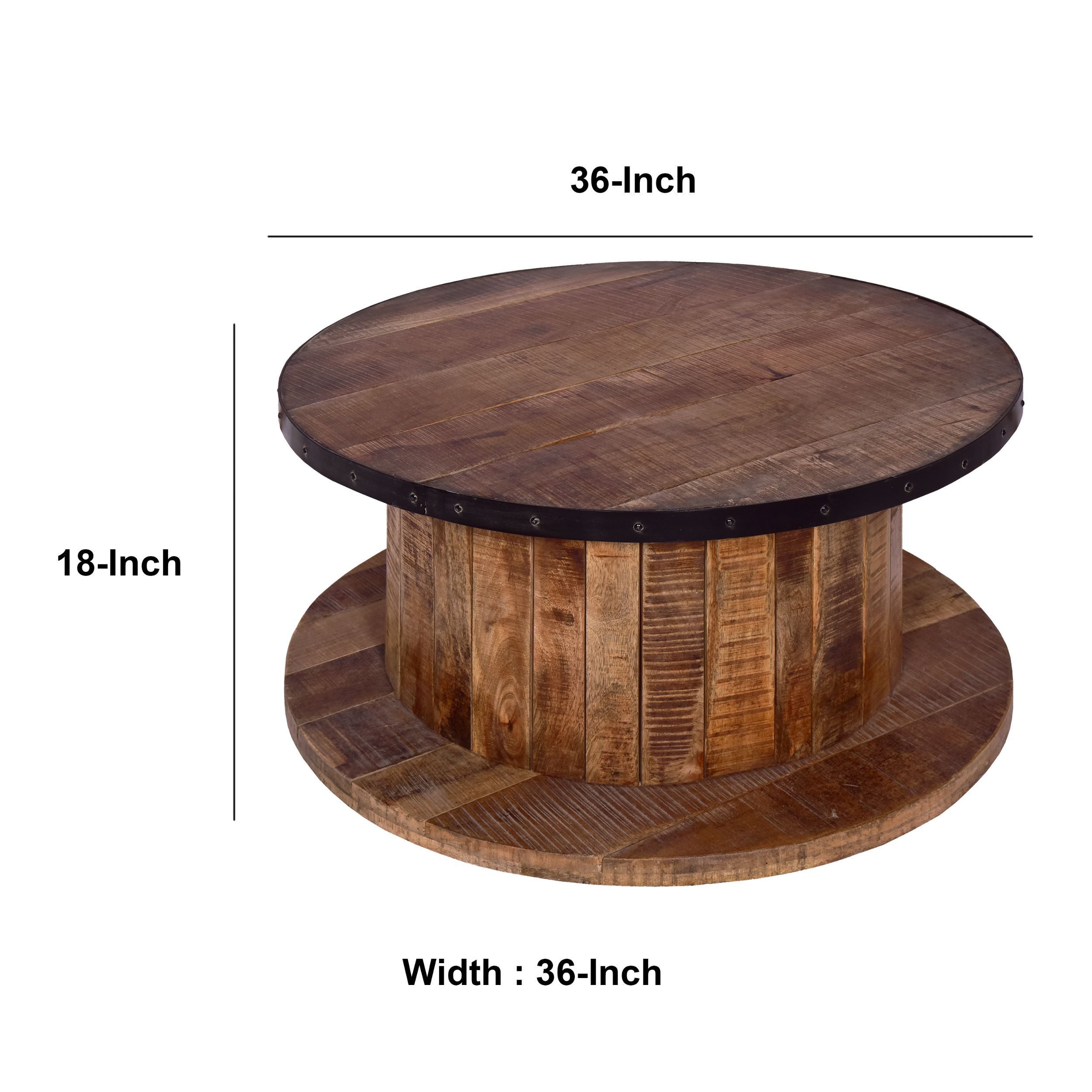 Mango Wood Farmhouse Coffee Table with Rustic Plank Style Round Top and Base - Walnut and Natural Brown