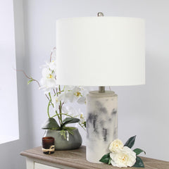 Marble Finish Table Lamp with White Fabric Drum Shade