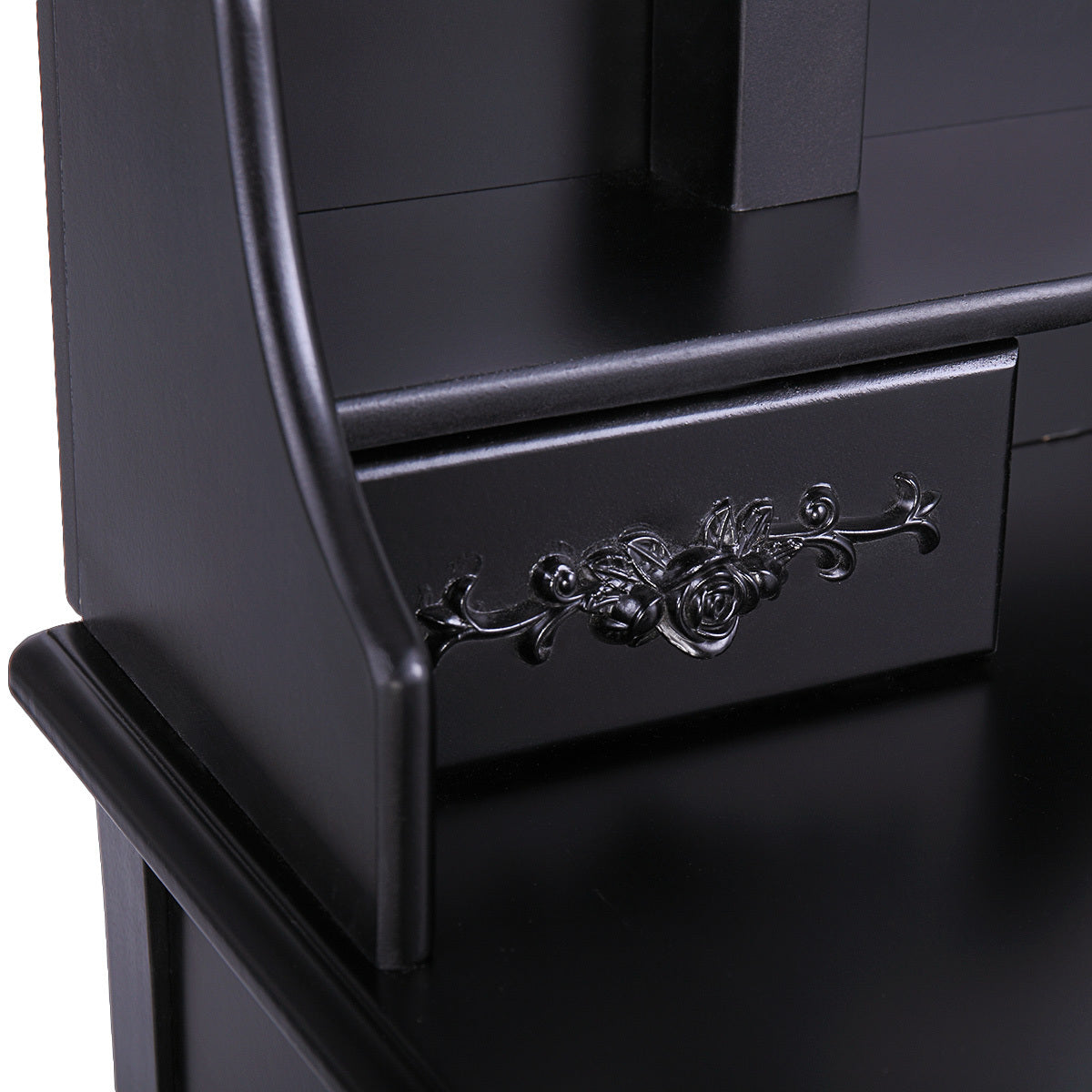 Makeup Vanity Table Dressing Table with 360-degree-rotating Mirror and 4 Drawers, Thick Padded Stool - Black