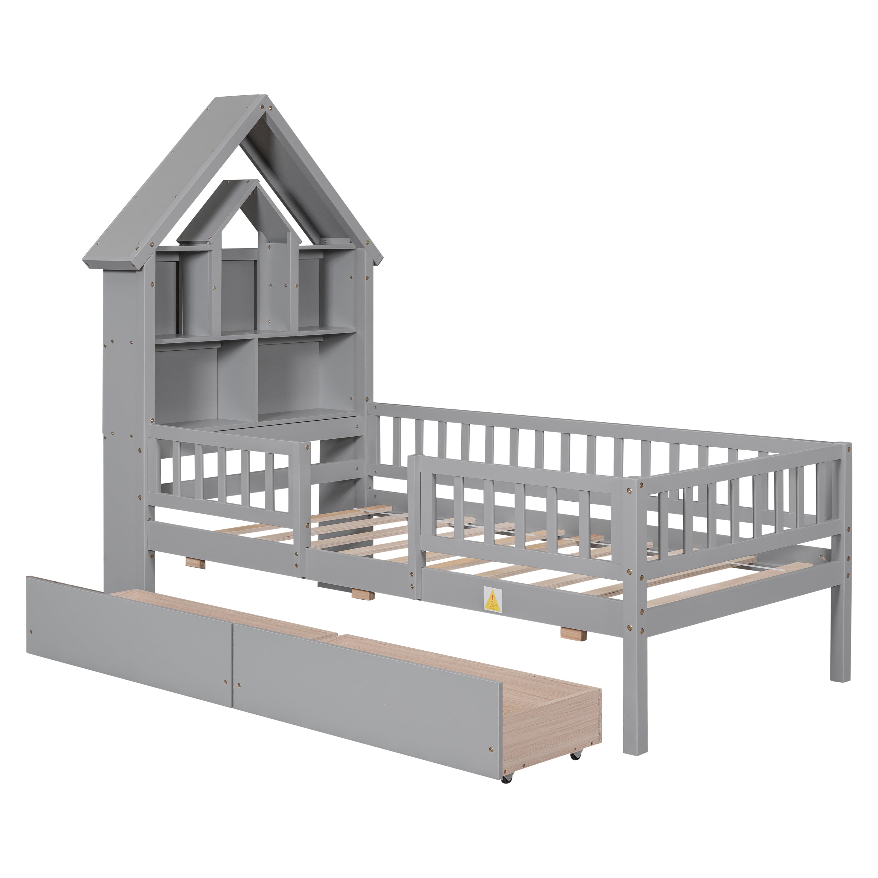 Twin Size DollHouse-Shaped Headboard with Fence Guardrails and Trundle - Gray
