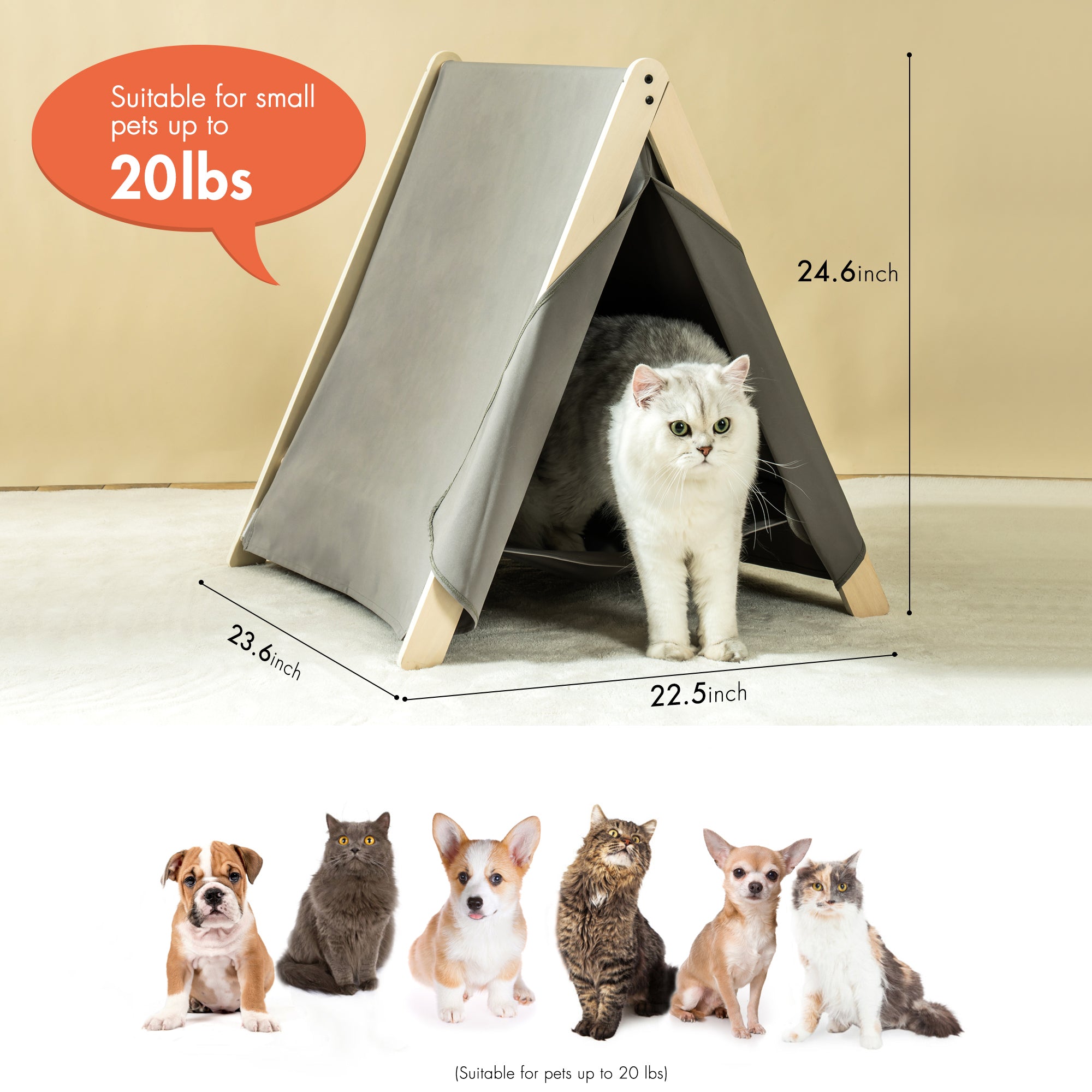 Pet Tent, Cat Tent for Indoor Cats, Wooden Cat House for small Pets - Gray green