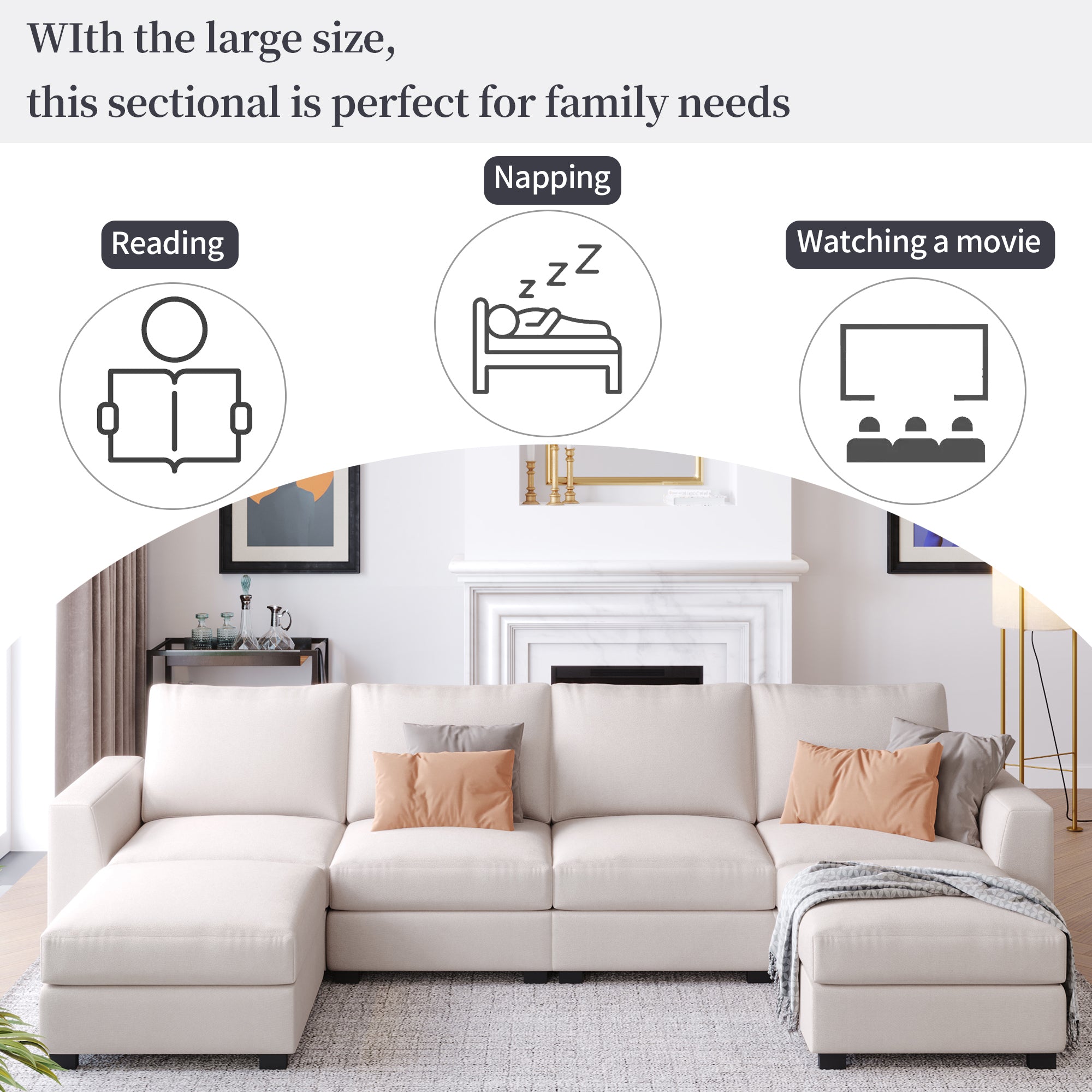 MAICOSY 3 Pieces U Shaped Sectional Sofa Sleeper with Removable Ottomans, Beige
