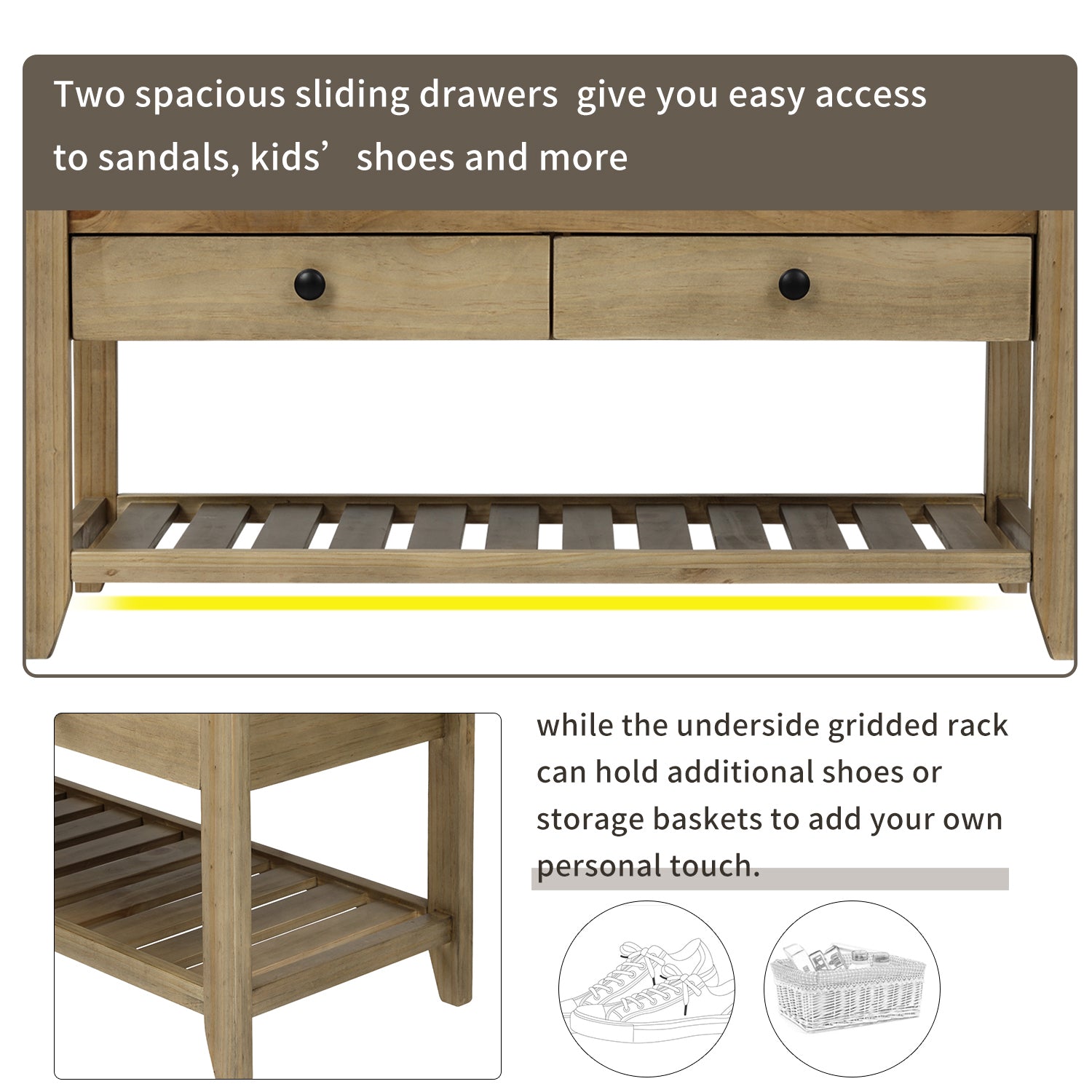 Shoe Rack with Cushioned Seat and Drawers, Multipurpose Entryway Storage Bench - Gray Wash