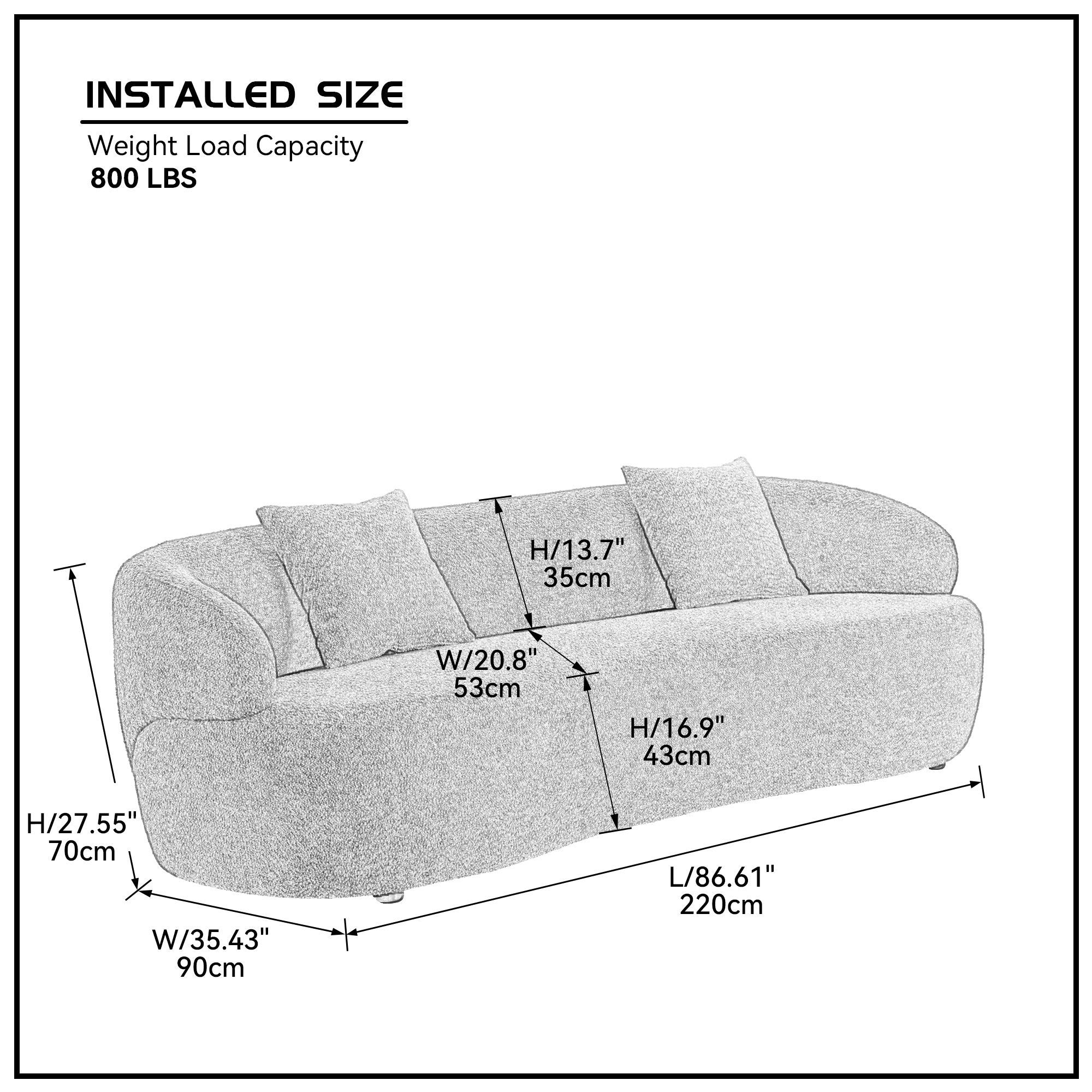 Mid Century Modern Curved Sofa, 3 Seat Cloud couch Boucle sofa Fabric Couch for Living Room, Bedroom, Office - Grey