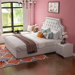 Twin Bed Frame with Button Tufted Headboard, Faux Leather Upholstered Mattress Wooden Slat Support