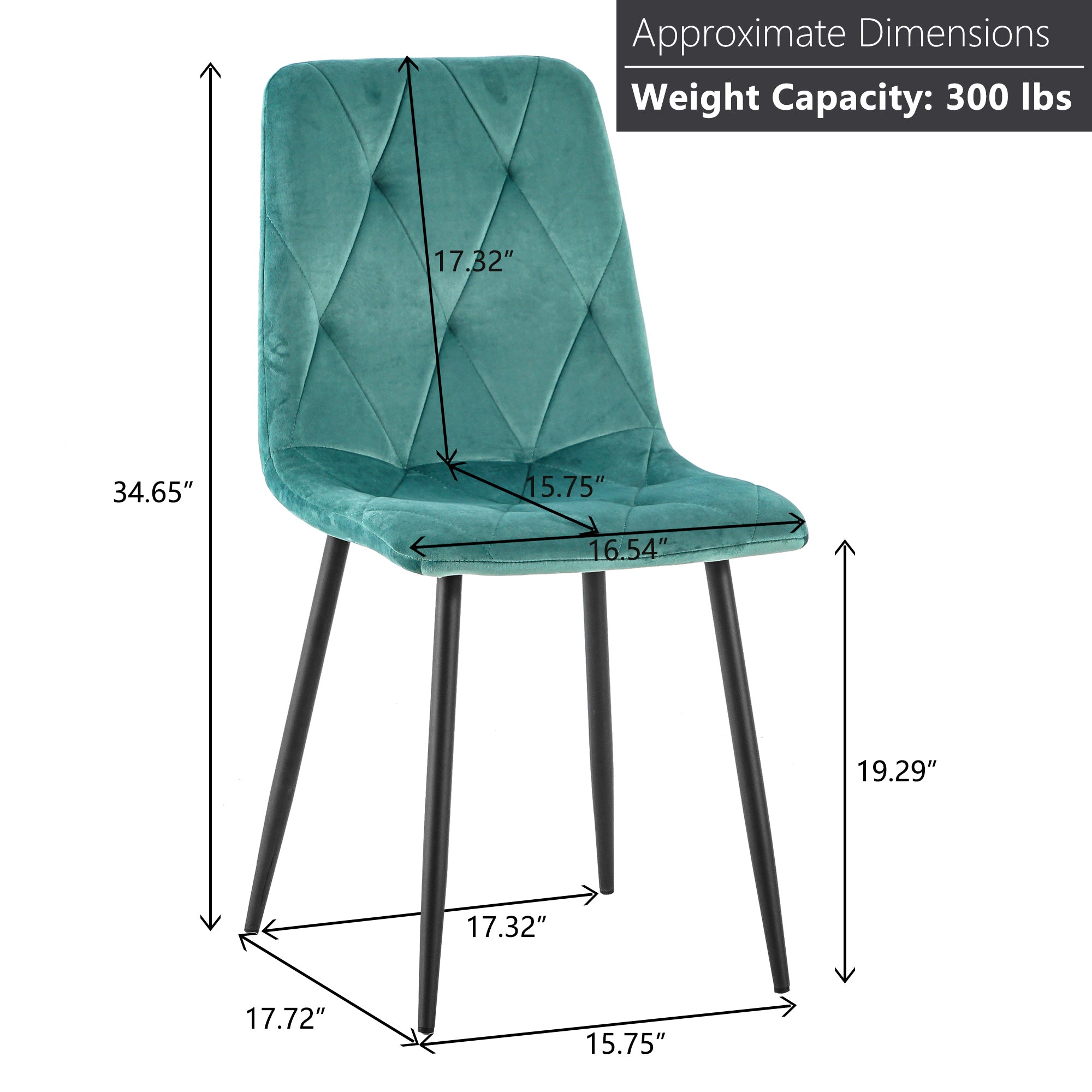 Modern Velvet Dining Chairs with Cushion Seat Back Black Coated Legs (Set of 4) - Antique Blue Green