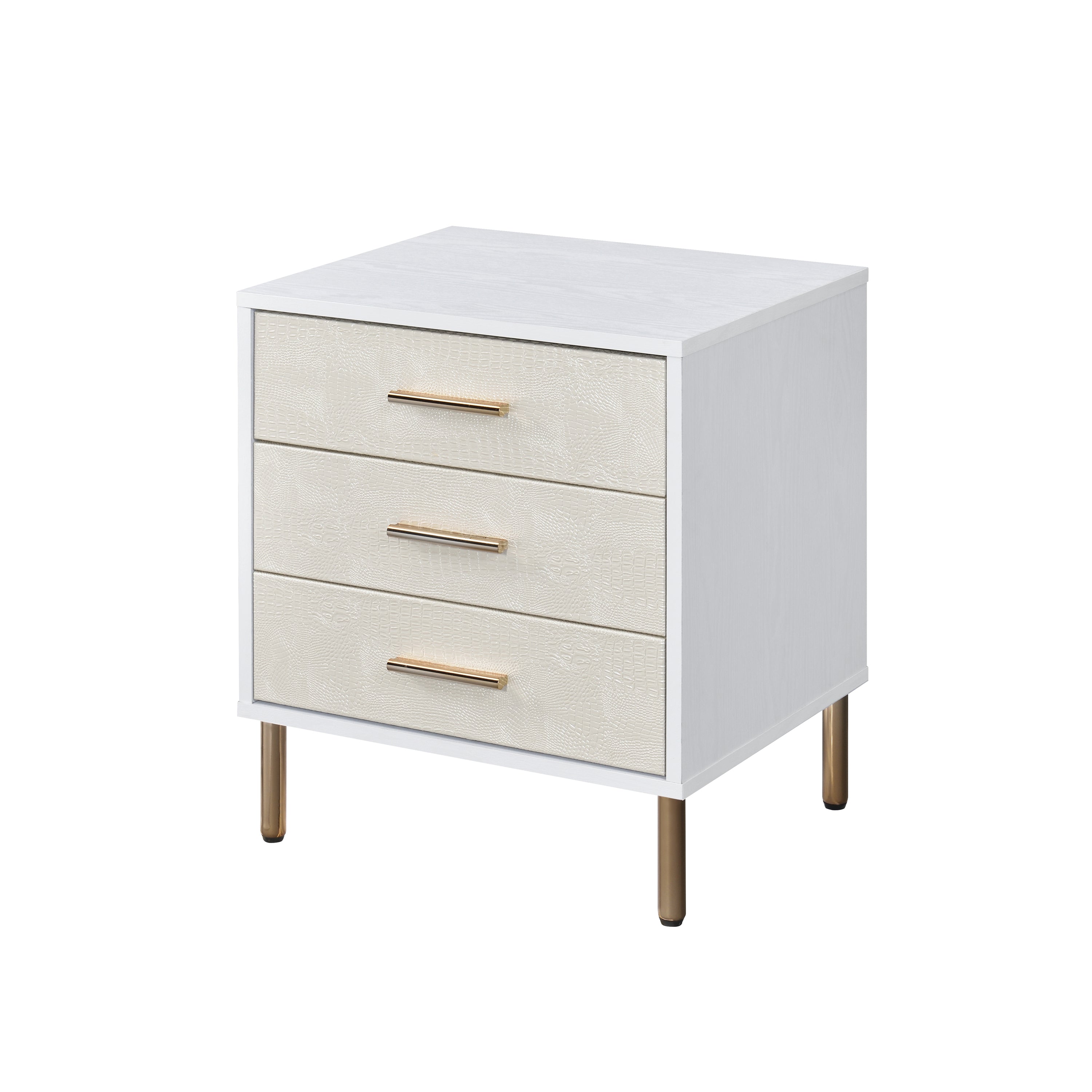 Nightstand, White, Champagne & Gold Finish