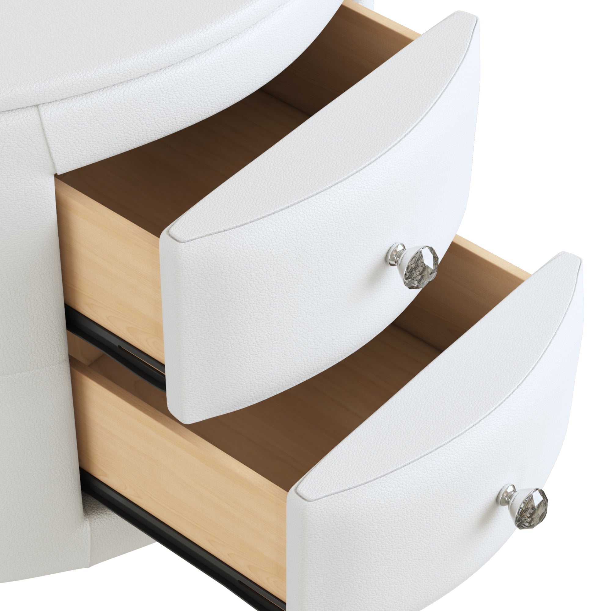 Elegant PU Nightstand with 2 Drawers and Crystal Handle, Fully Assembled Except Legs & Handles, Storage Bedside Table - White