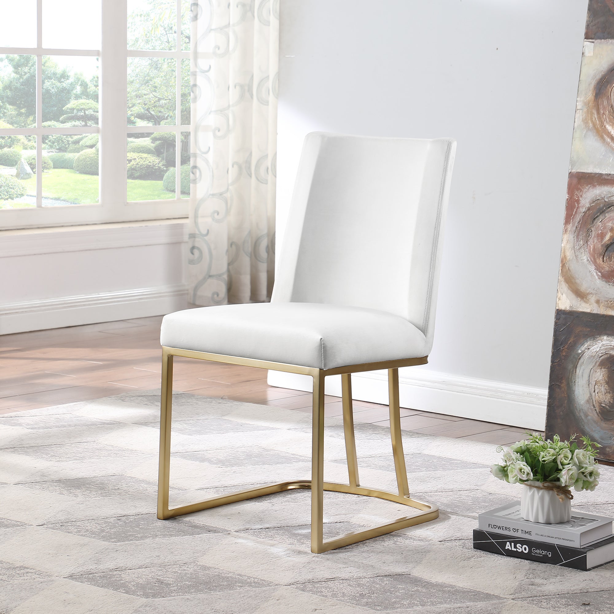 Dining Velvet Side Chairs Gold Metal Legs (Set of 2) - White