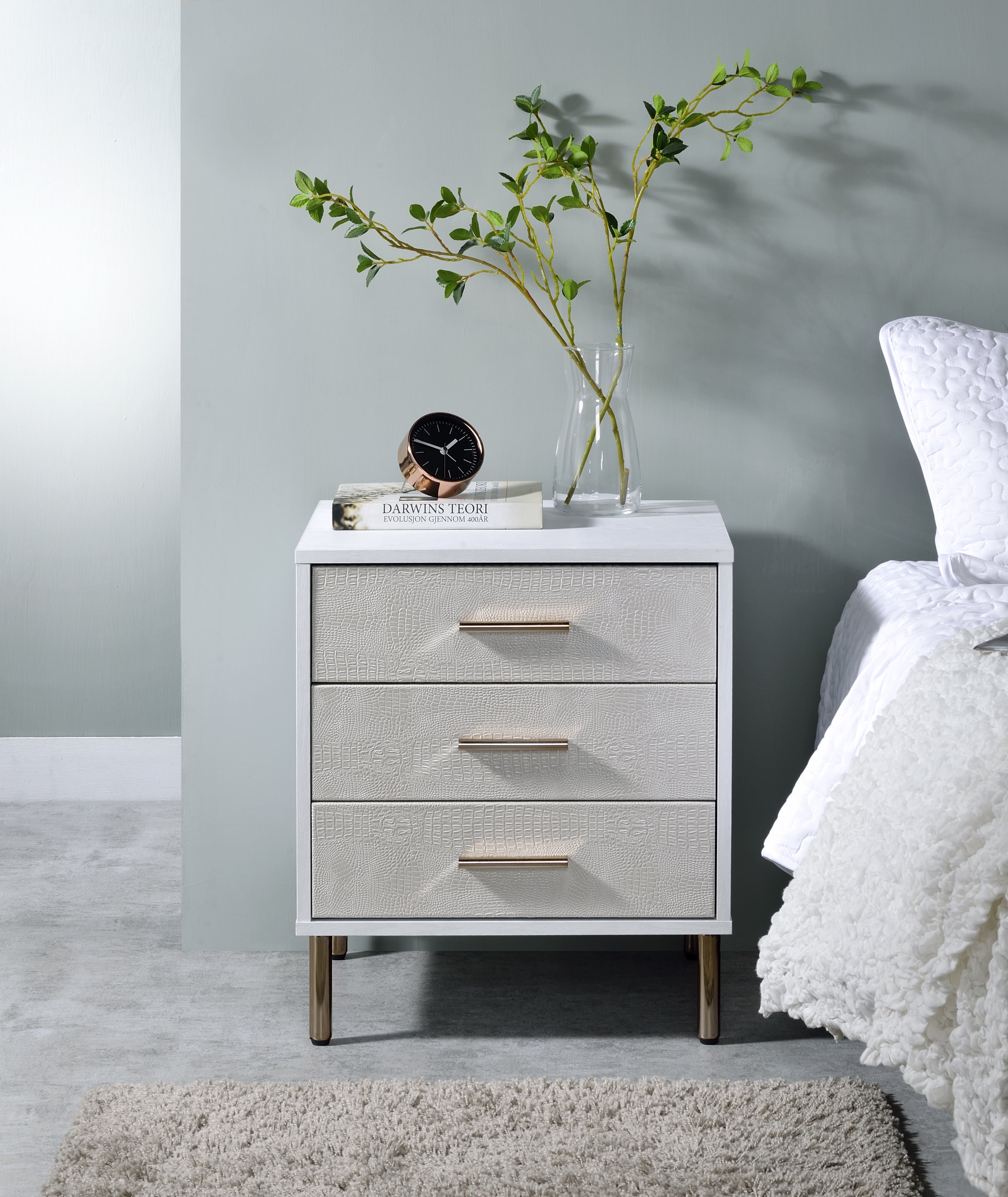 Nightstand, White, Champagne & Gold Finish