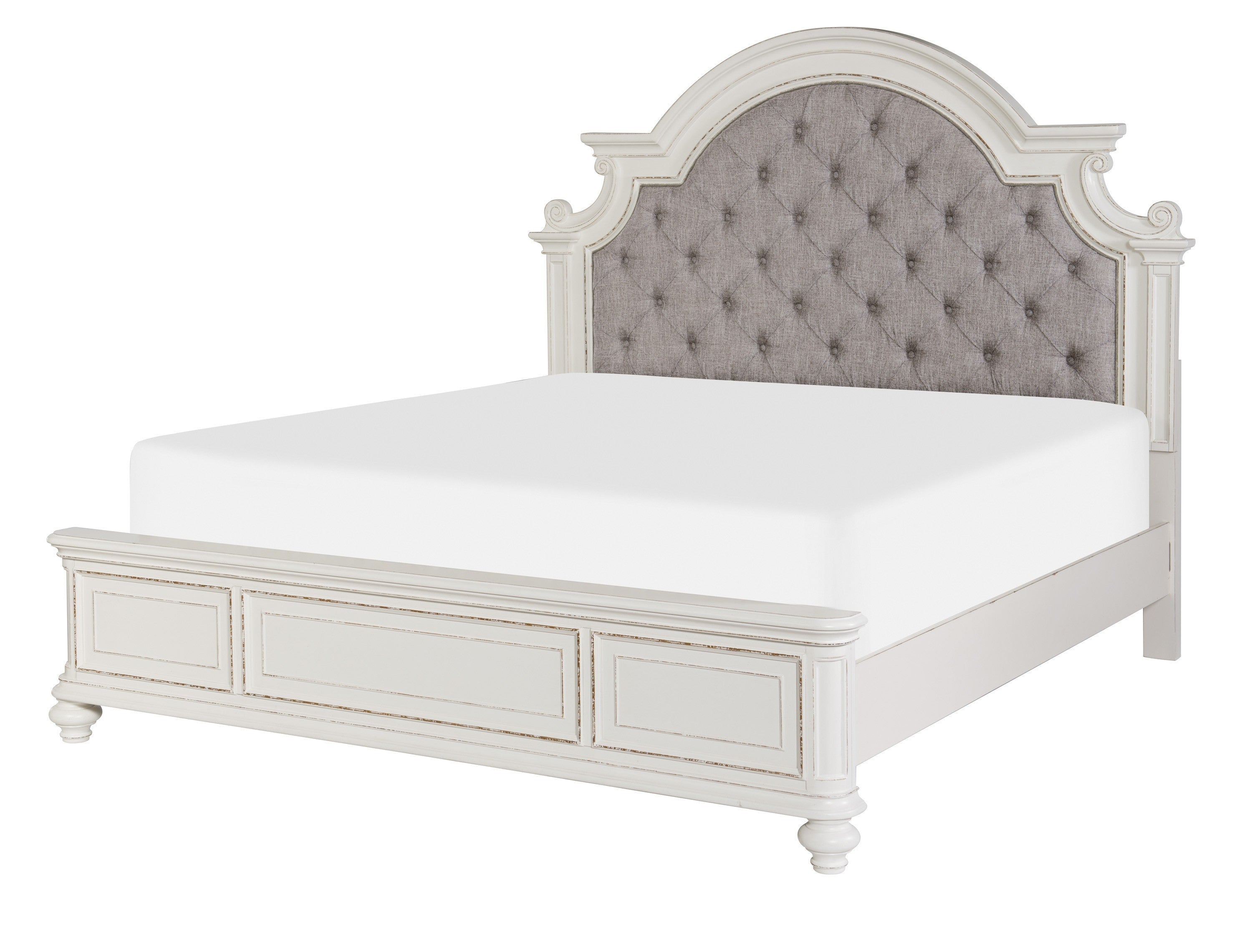 King Size Bed Button-Tufted Upholstered Headboard - Antique White Finish