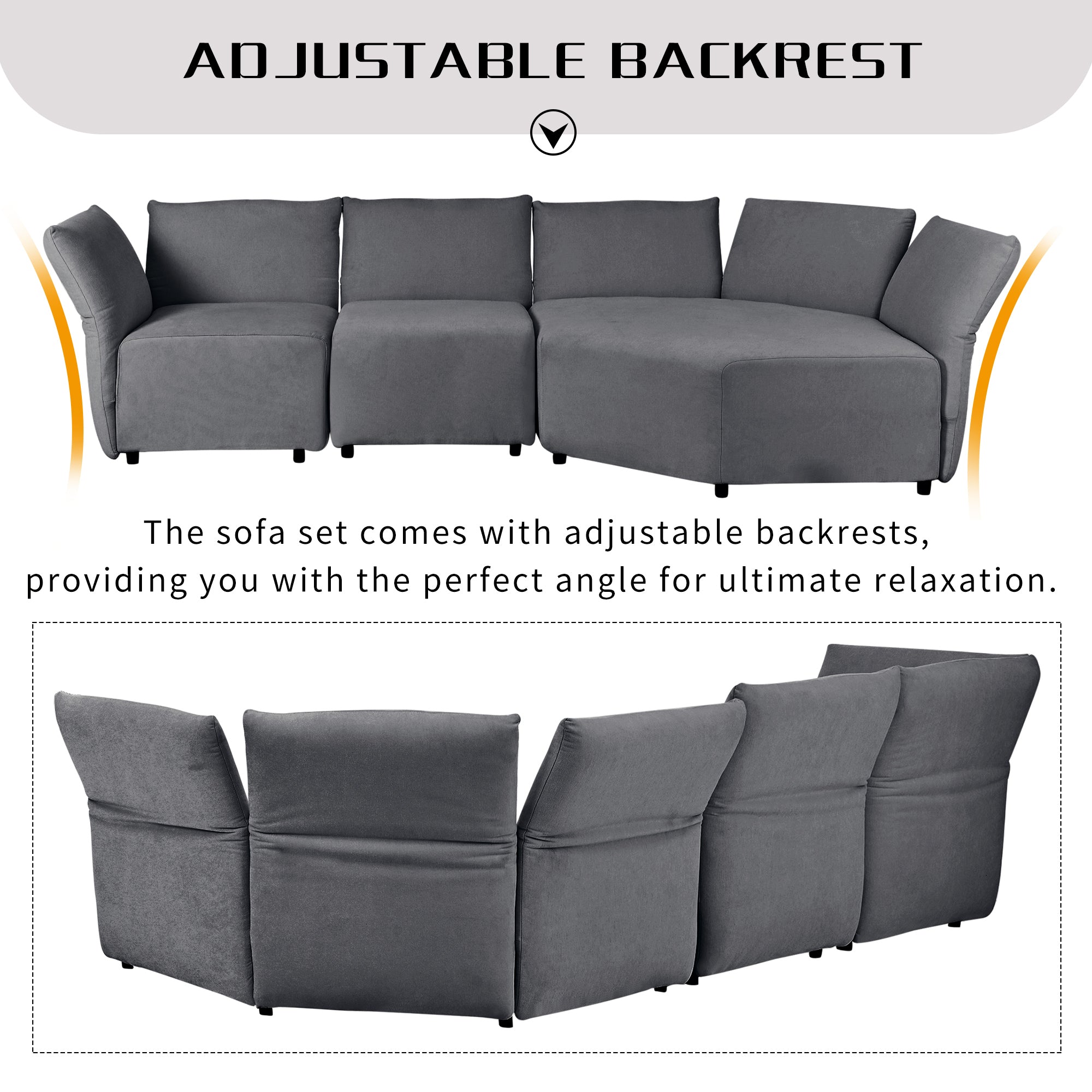 Stylish Sofa Set with Polyester Upholstery with Adjustable Back with Free Combination for Living Room - Gray