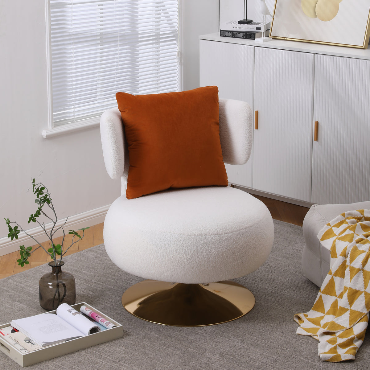 Swivel Accent Chair Armchair, Round Barrel Chair in Fabric  - White