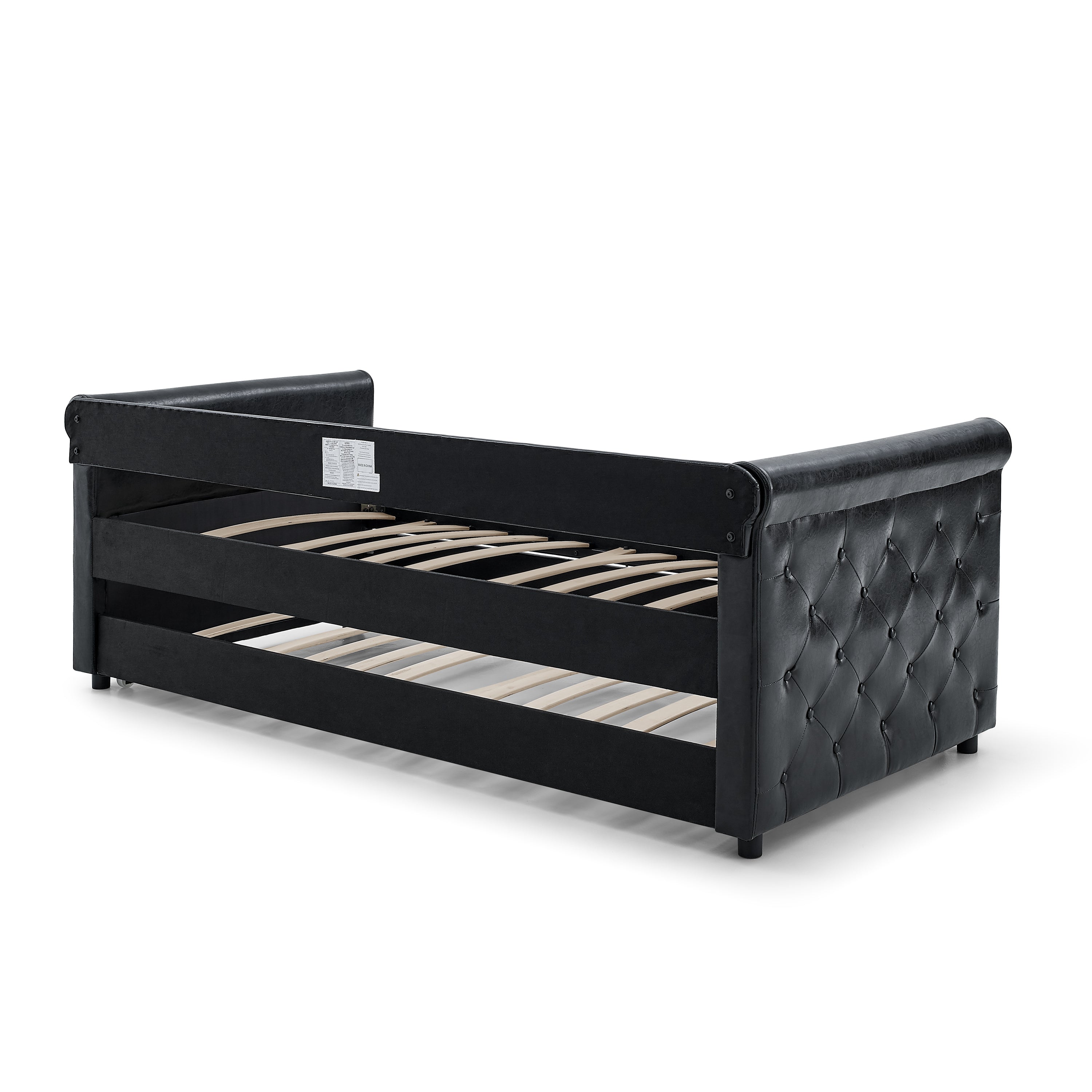 Daybed with Trundle Upholstered Tufted Sofa Bed, with Button and Copper Nail on Arms both Twin Size - Black