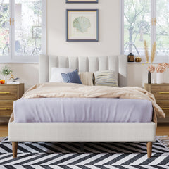 Full Bed - Upholstered Platform Bed Frame with Vertical Channel Tufted Headboard, No Box Spring Needed - Cream
