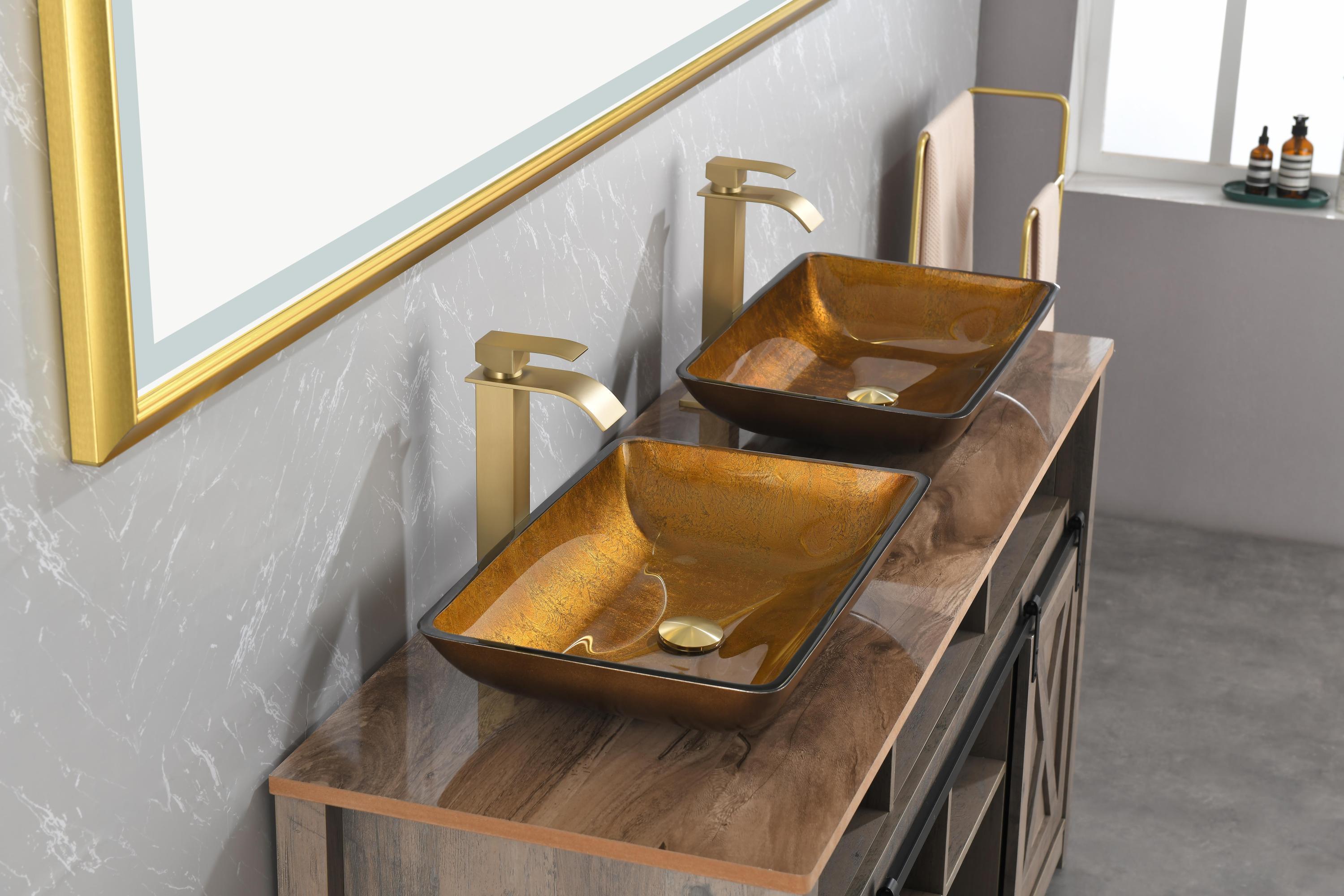 22.25" L -14.25" W -4 1/2" H Glass Rectangular Vessel Bathroom Sink Set with Gold Faucet and Gold Pop Up Drain
