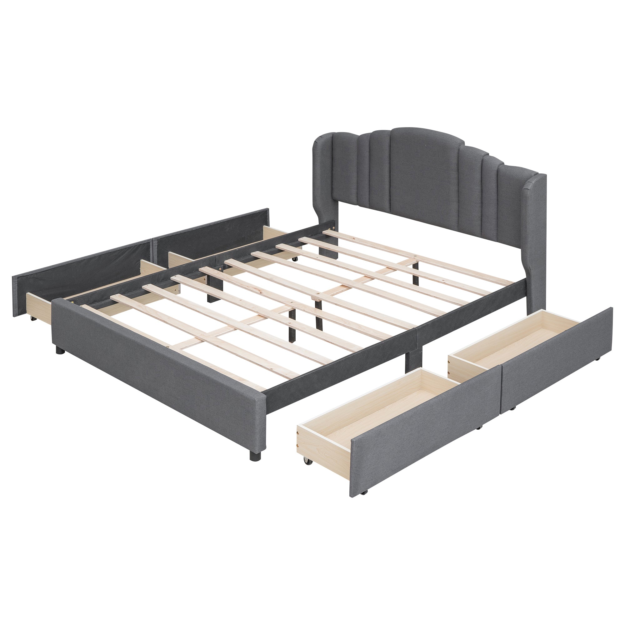 Queen Bed Upholstered Platform with Wingback Headboard and 4 Drawers - Grey