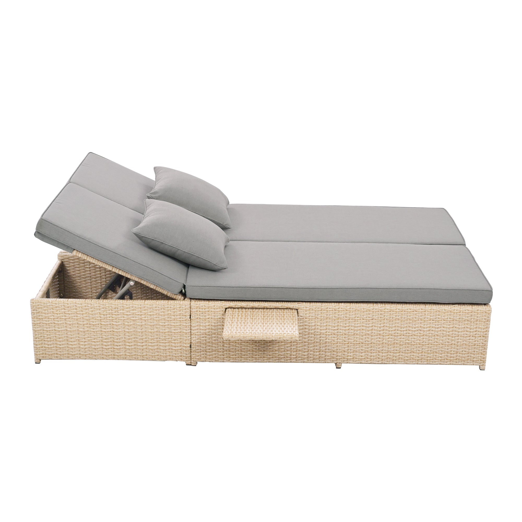 Outdoor Double Sun bed, Wicker Rattan Patio Reclining Chairs with Adjustable Backrest and Seat - Brown