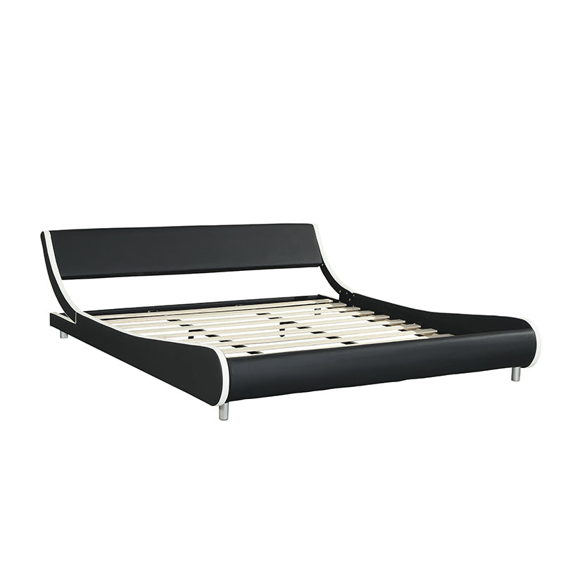 King Size Faux Leather Upholstered Platform Bed Frame, Curve Design, Wood Slat Support, No Box Spring Needed - Black+White