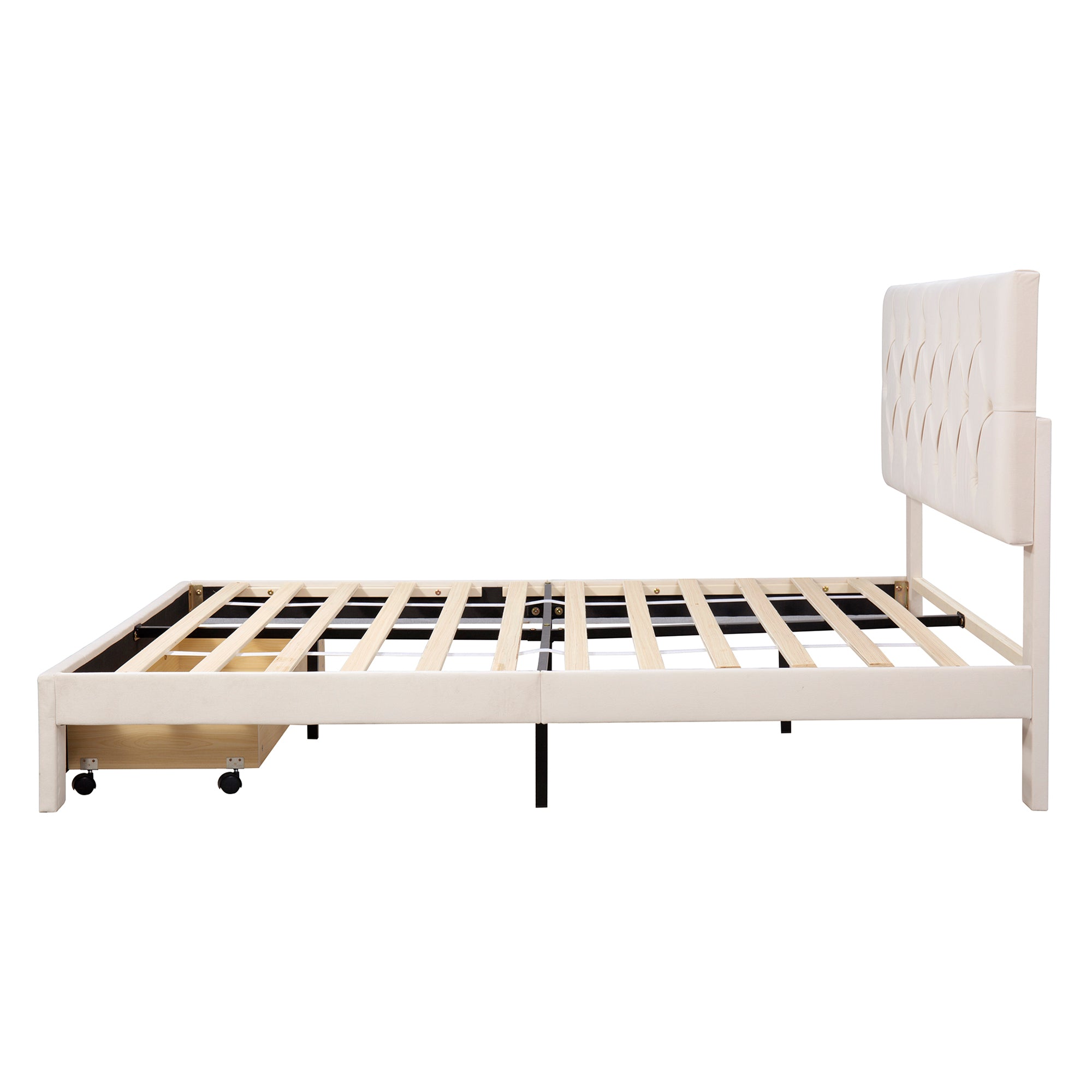 Queen Size Storage Bed Velvet Upholstered Platformwith a Big Drawer - Beige