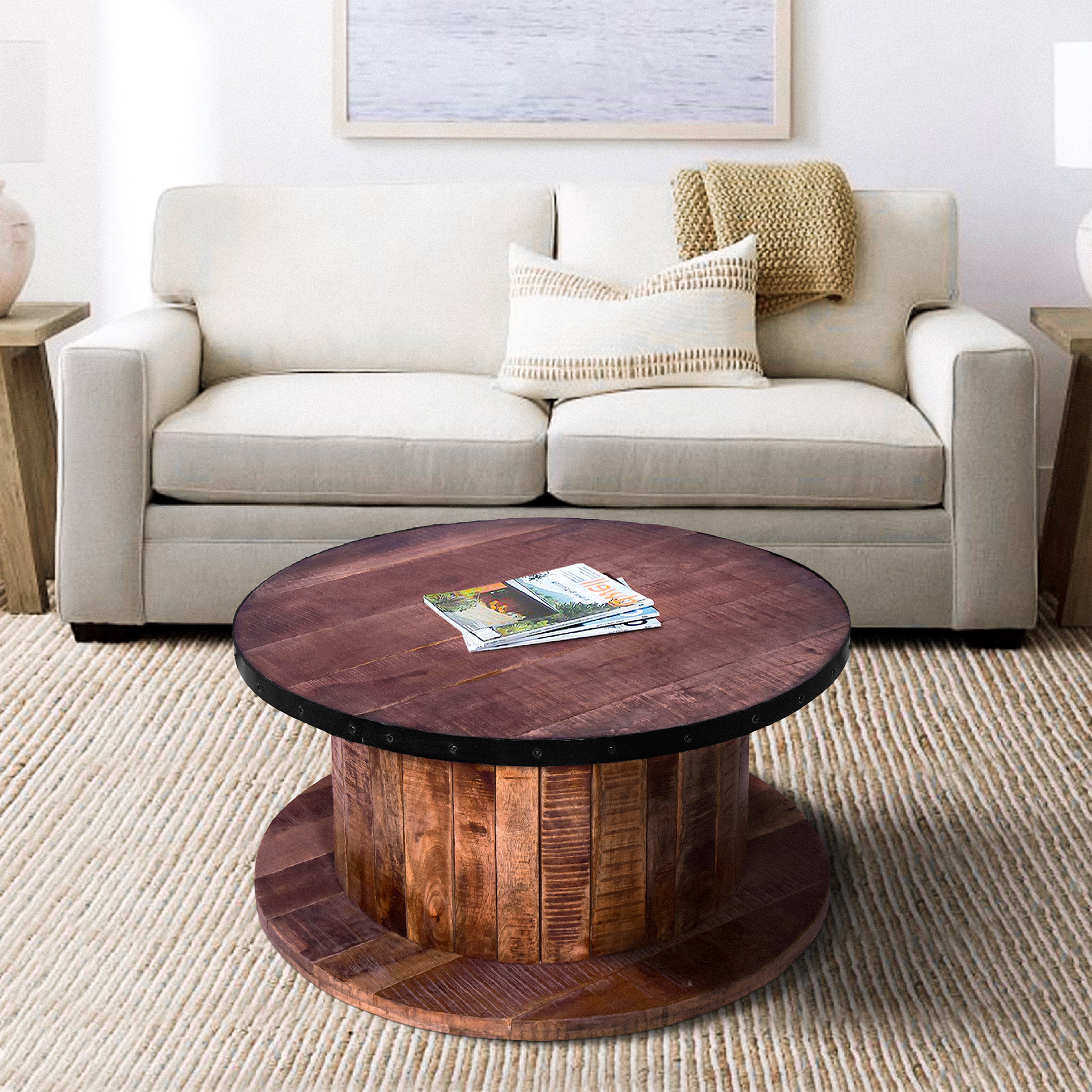 Mango Wood Farmhouse Coffee Table with Rustic Plank Style Round Top and Base - Walnut and Natural Brown