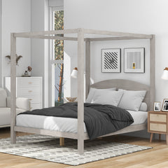 Queen Size Canopy Platform Bed with Headboard and Support Legs - Grey Wash