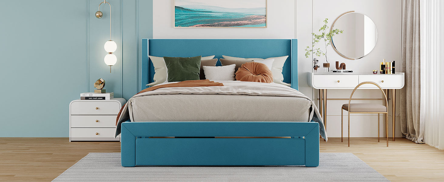 Queen Size Bed Storage with Drawer - Velvet Blue