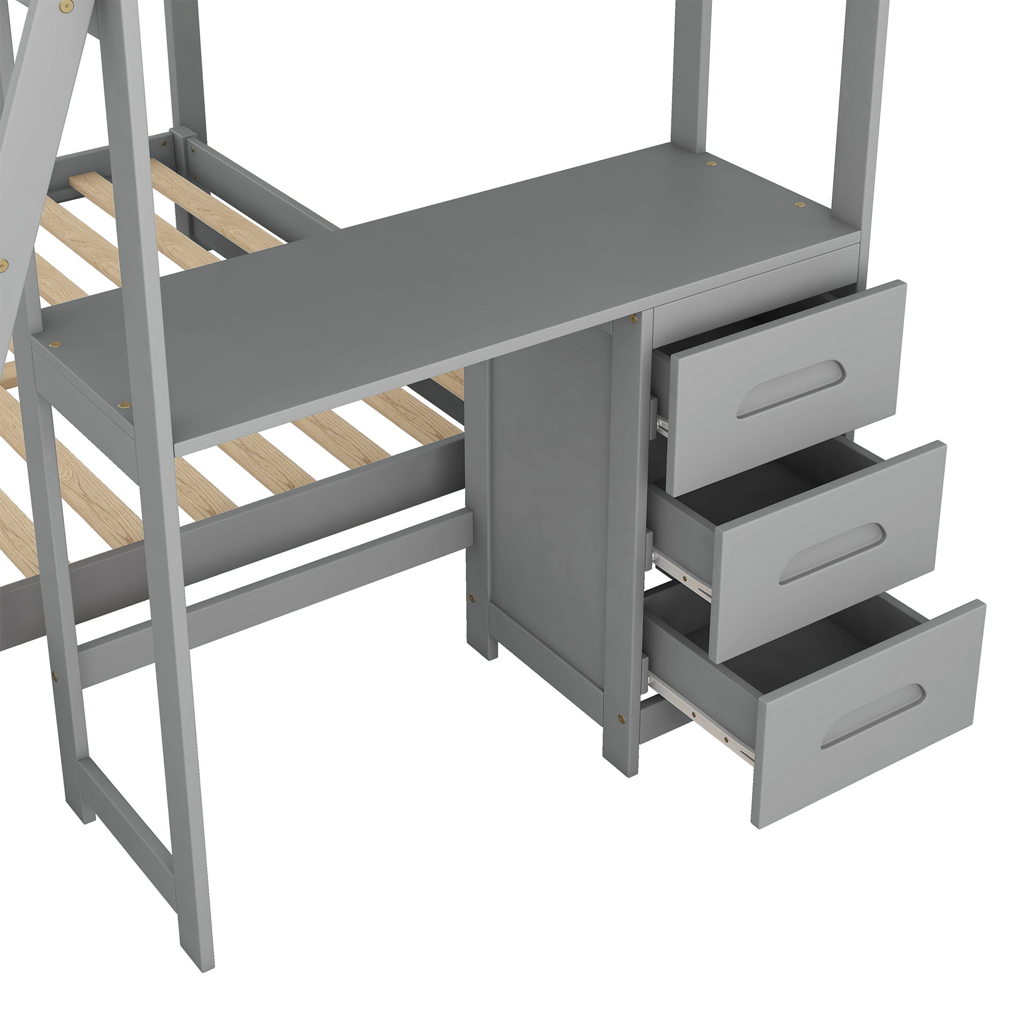 Twin over Full Bunk Bed with Built-in Desk and Three Drawers - Grey