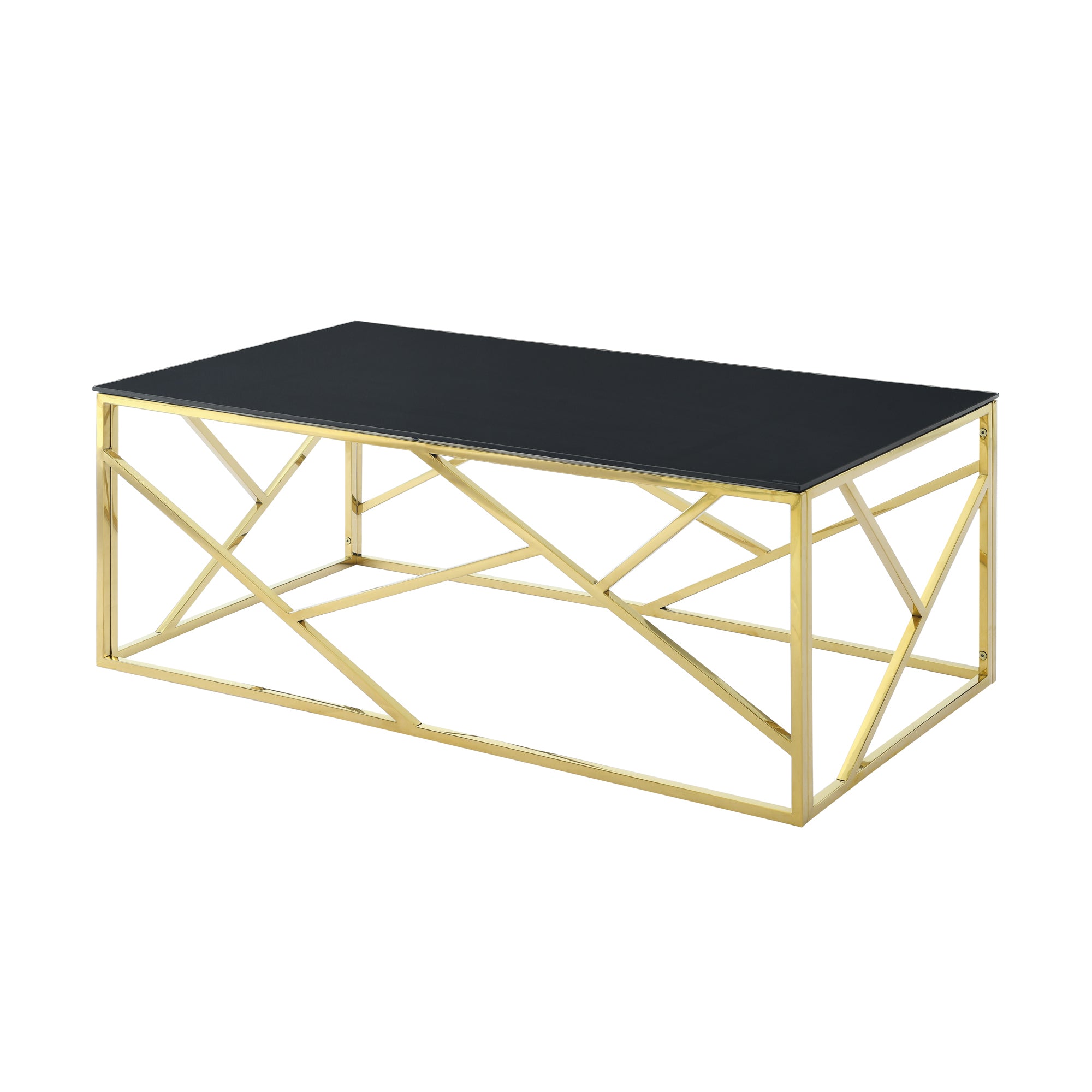 Modern Rectangular Coffee Accent Table with Black Tempered Glass Top and Stainless Steel Frame - Gold