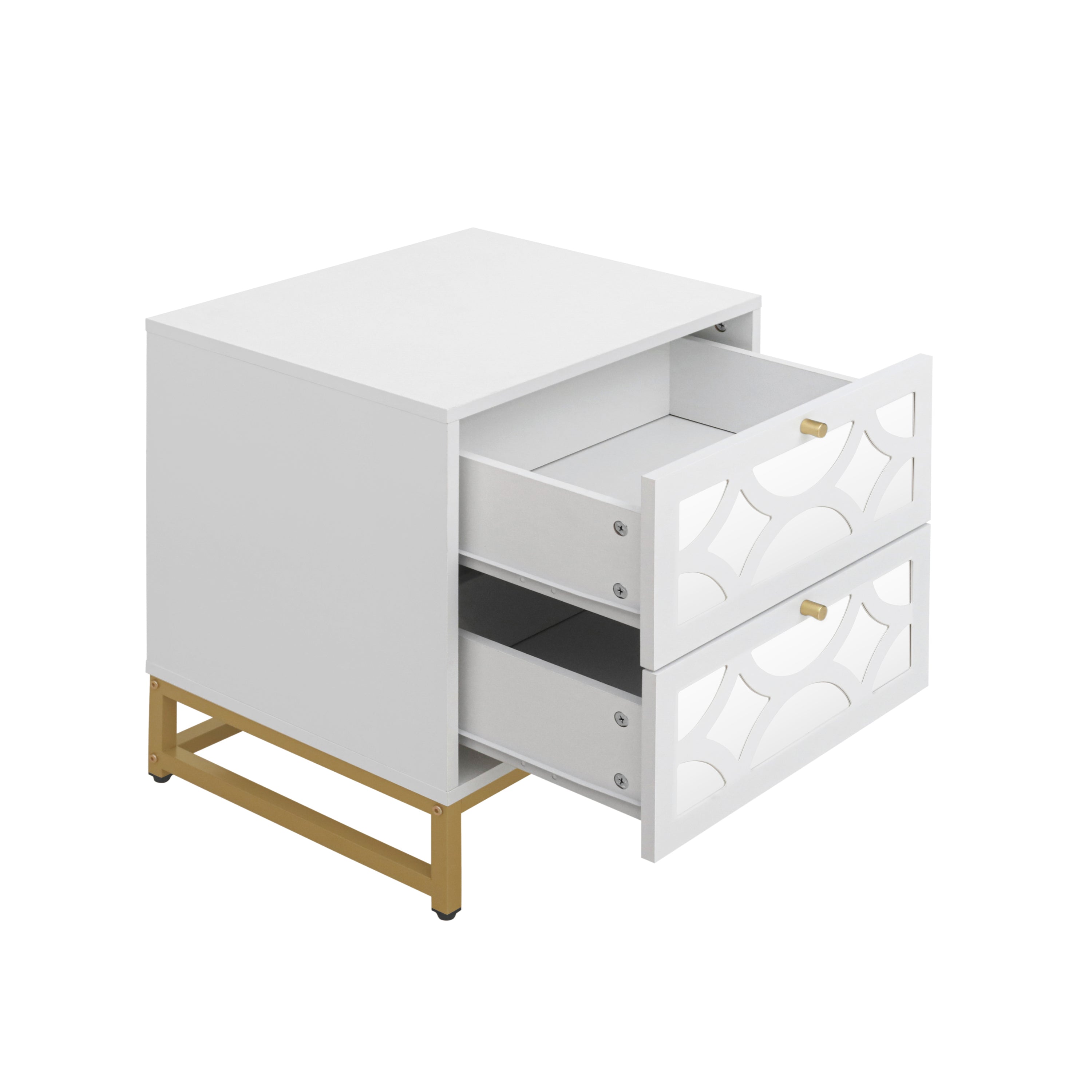 Small Bedside Table with 2 Drawers, White Mirrored Nightstand, with Gold Legs