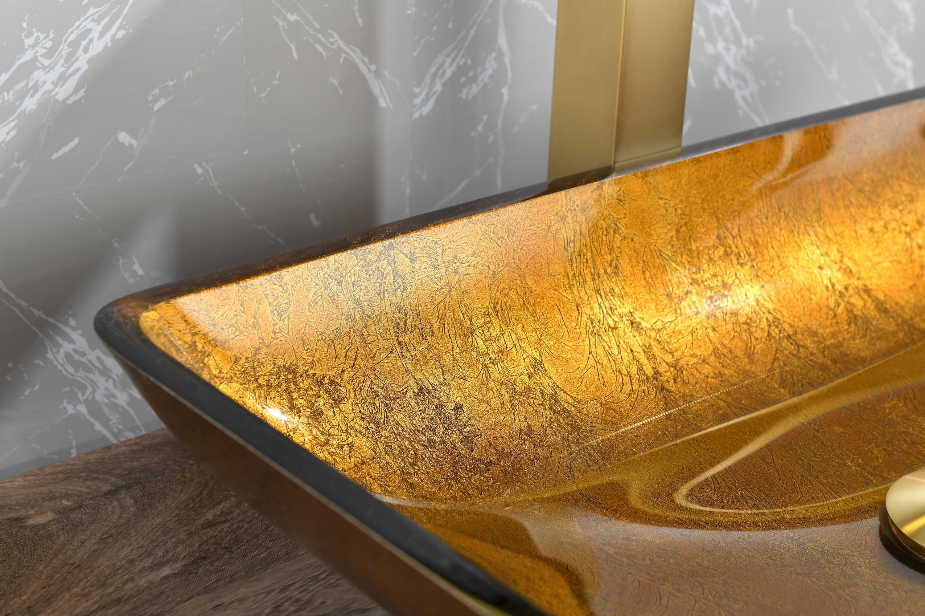 22.25" L -14.25" W -4 1/2" H Glass Rectangular Vessel Bathroom Sink Set with Gold Faucet and Gold Pop Up Drain