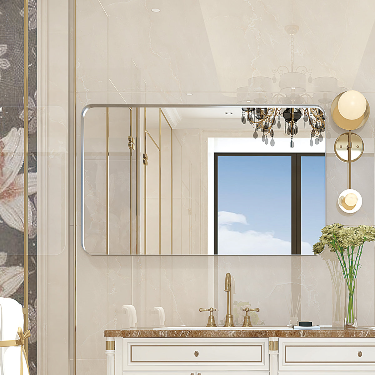 Glossy Brushed Silver Rounded Corner Rectangle Wall Mirror 36x30inch  (Horizontal & Vertical)