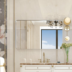 Glossy Brushed Silver Rounded Corner Rectangle Wall Mirror 36x30inch  (Horizontal & Vertical)