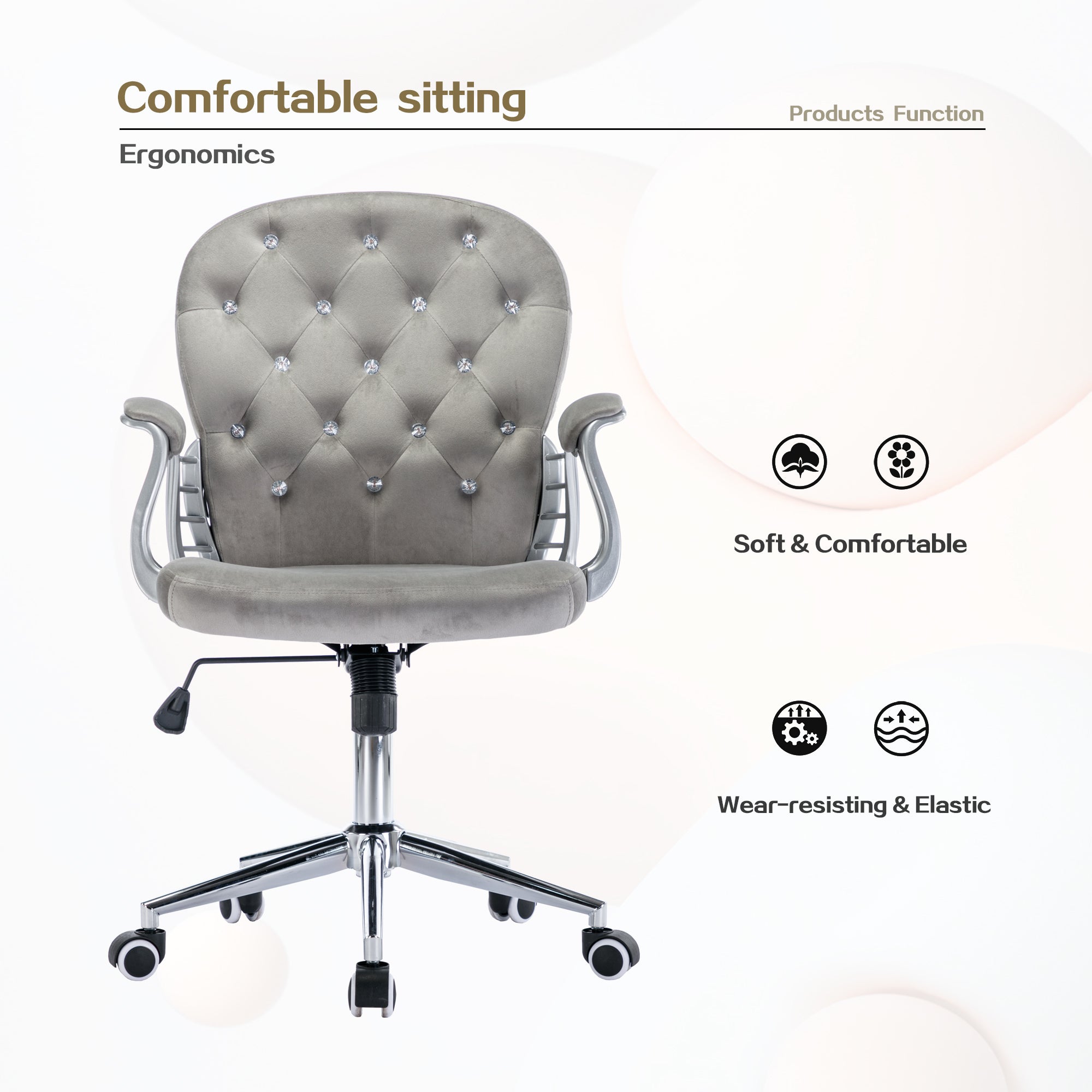 Velvet Home Office Chair with Wheels with Side Arms and Wheels 360° - Grey