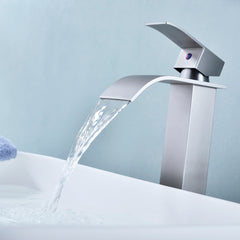 Waterfall Spout Bathroom Faucet, Single Handle Bathroom Vanity Sink Faucet - Brushed Nickel